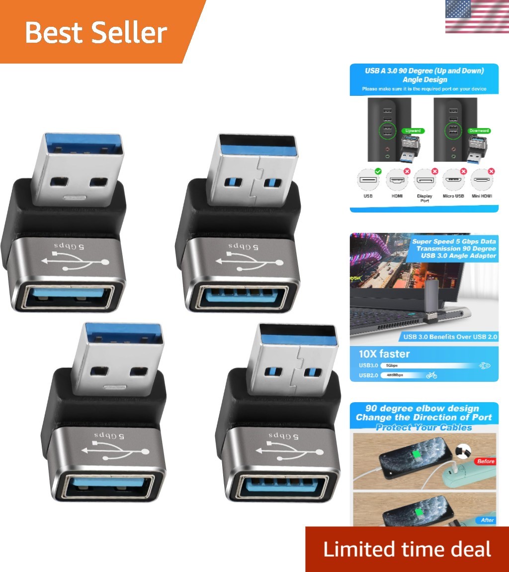 90-Degree USB 3.0 Adapter 4 Pack: High-Speed L Shape Connector for Devices