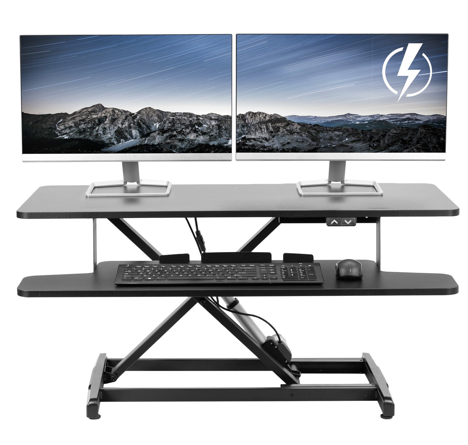 VIVO Black Electric 36" Standing Desk Monitor Riser, Dual Arm Sit Stand Tabletop