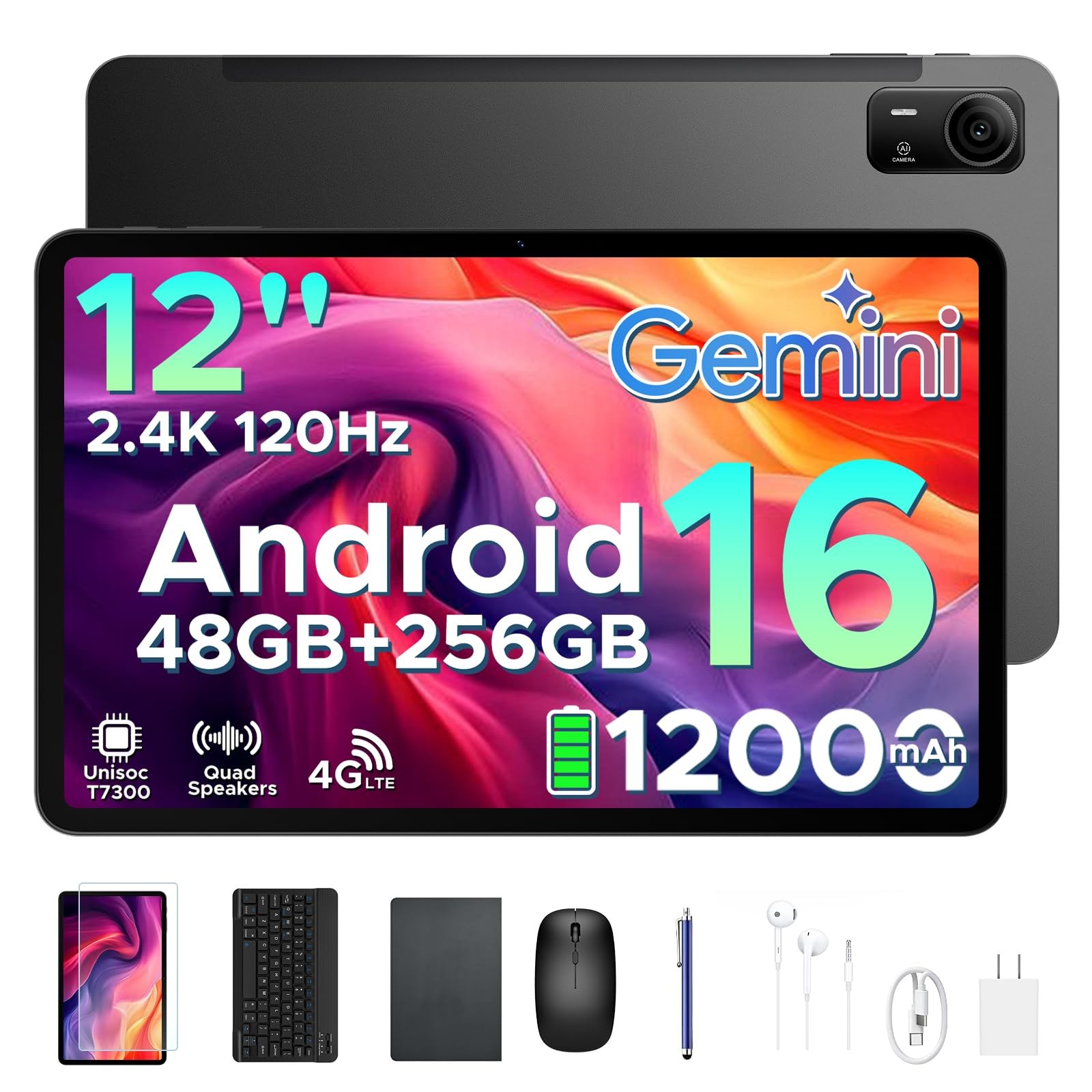POPUX P12 Pro 12 Inch Tablet, 2.4K 120Hz Android 16 Tablet with Gemini AI, 48...
