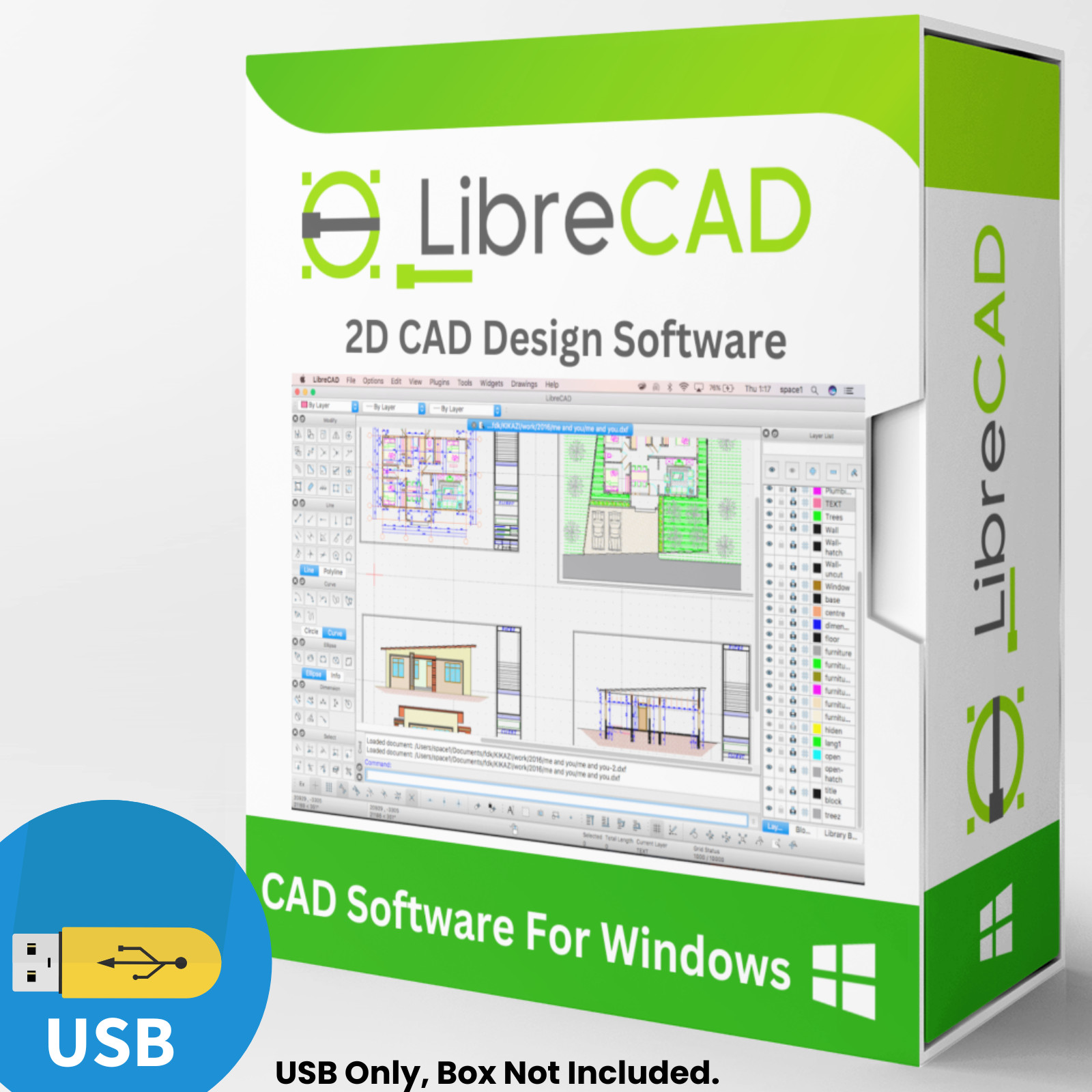 Libre Cad 2D - Computer Aided Design CAD Software Package for Windows on USB