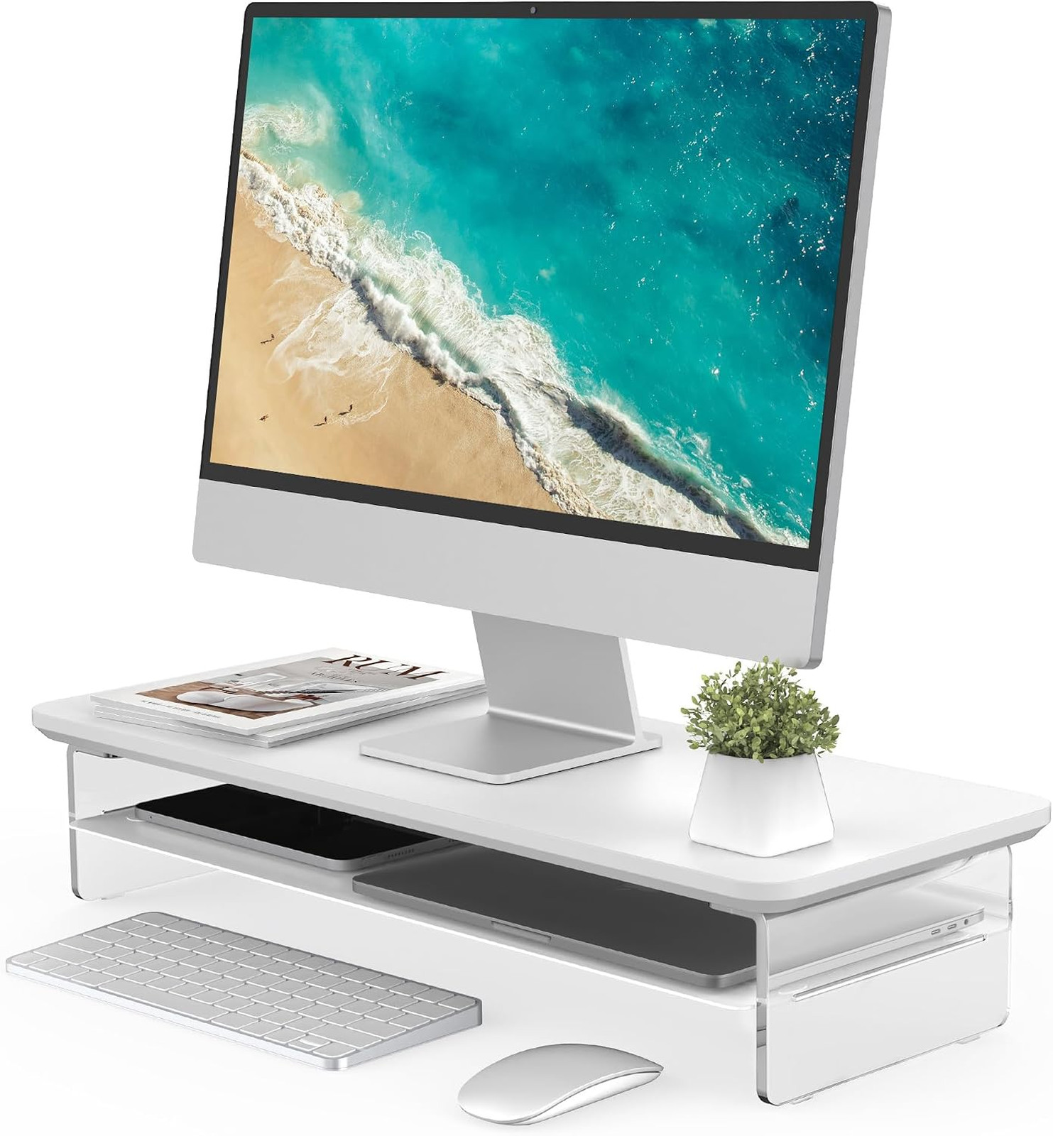 Computer Monitor Stand with Acrylic Legs 23.6 Inch White Modern Desk Riser