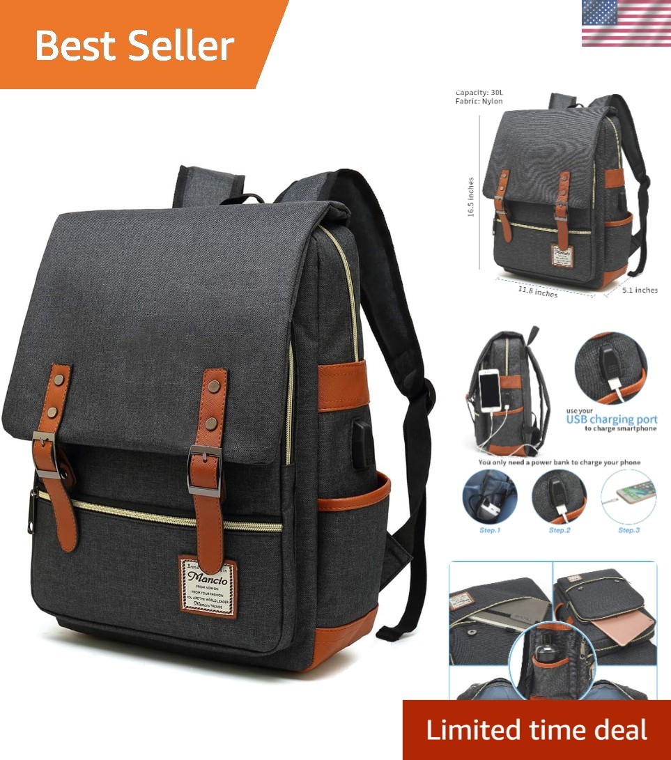 Multi-Compartment Vintage Laptop Backpack - USB Charging & Lightweight Comfort