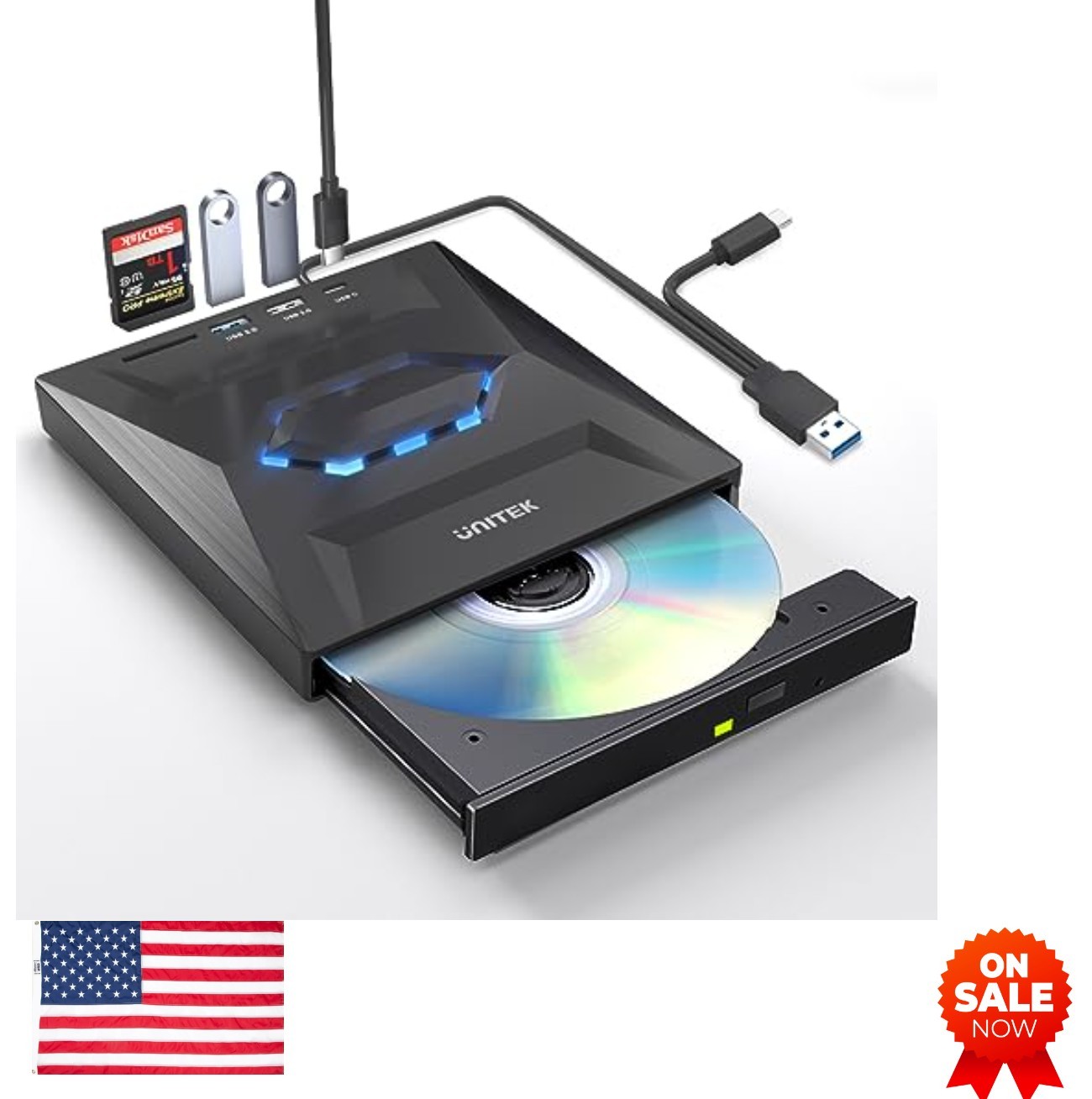 External CD DVD Drive USB 3.0 Type C Portable Disc Player Burner SD Card Hub