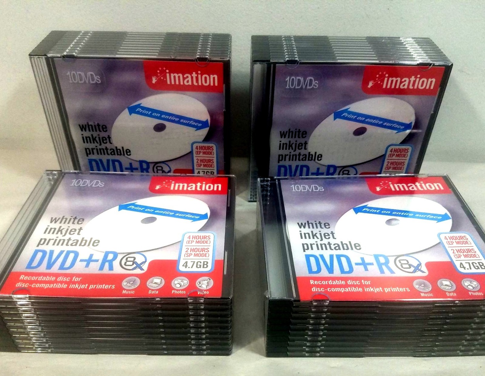 Imation White Inkjet Printable DVD+R 4.7GB 8X Recordable Discs 4 packs of 10