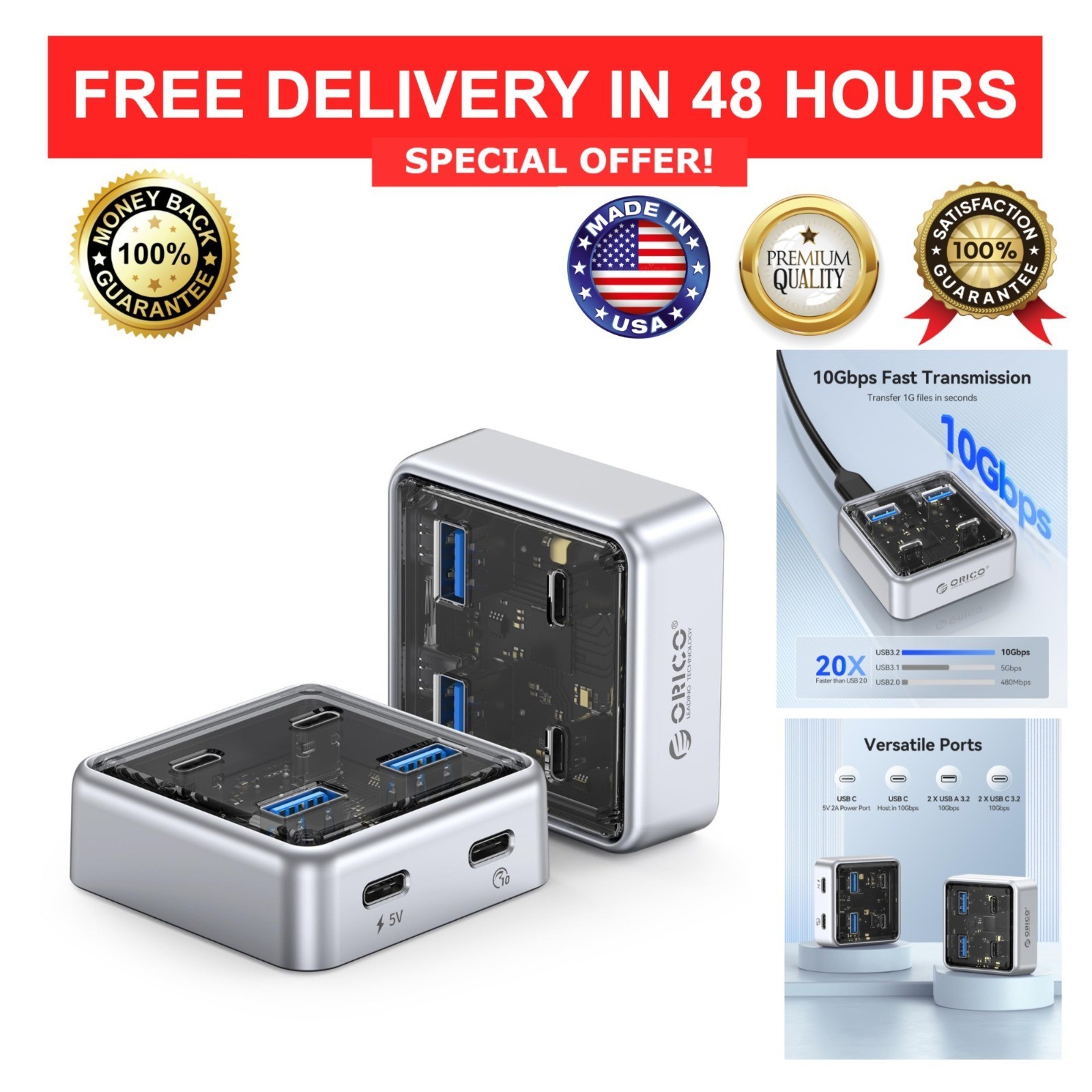ORICO 4-Port USB 3.2 Hub 10Gbps Splitter 2 USB-A 2 USB-C Zinc Alloy