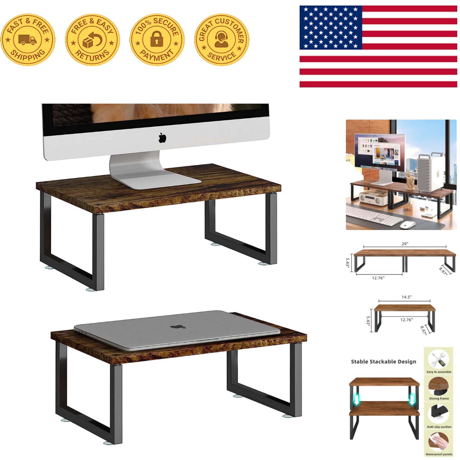 Versatile 2 Pack Antique Brown Monitor Stand Riser - Enhance Your Workspace
