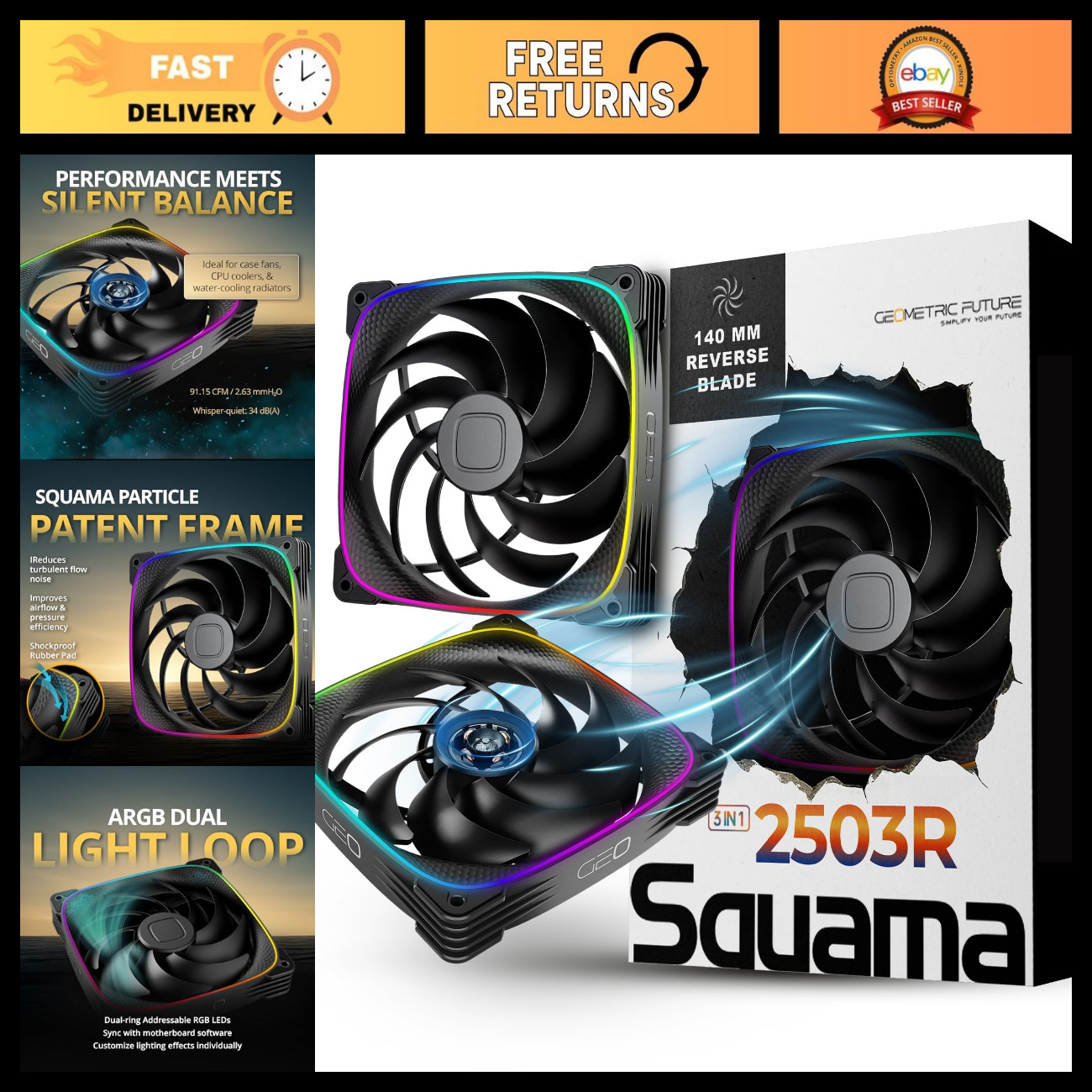 140mm RGB PWM Fan 3 Pack - Silent Performance, Dual Lighting Loop, 5V Addressabl