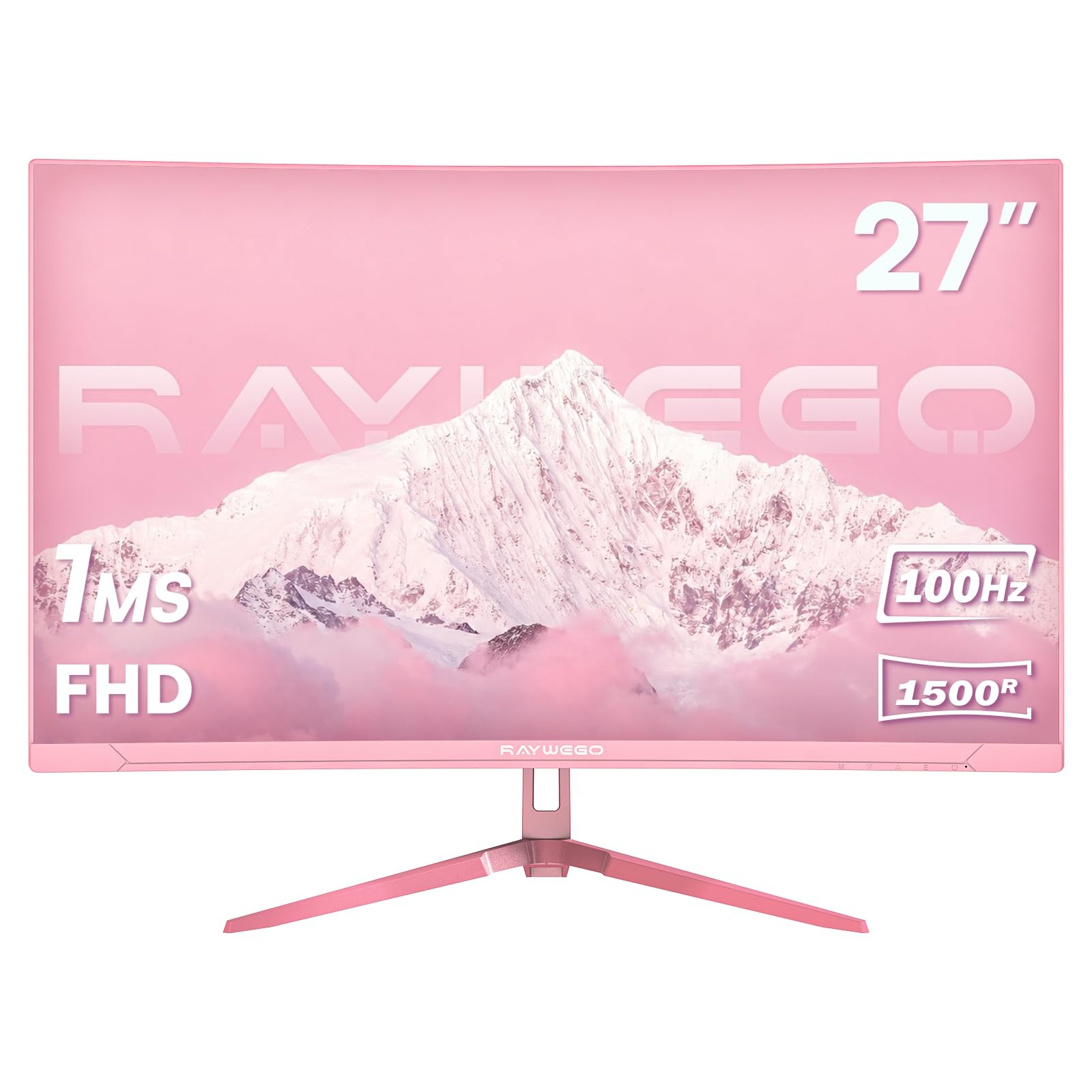 Raywego 27 Inch Pink Curved Computer Monitor, FHD 1080P 100Hz, Eye Care