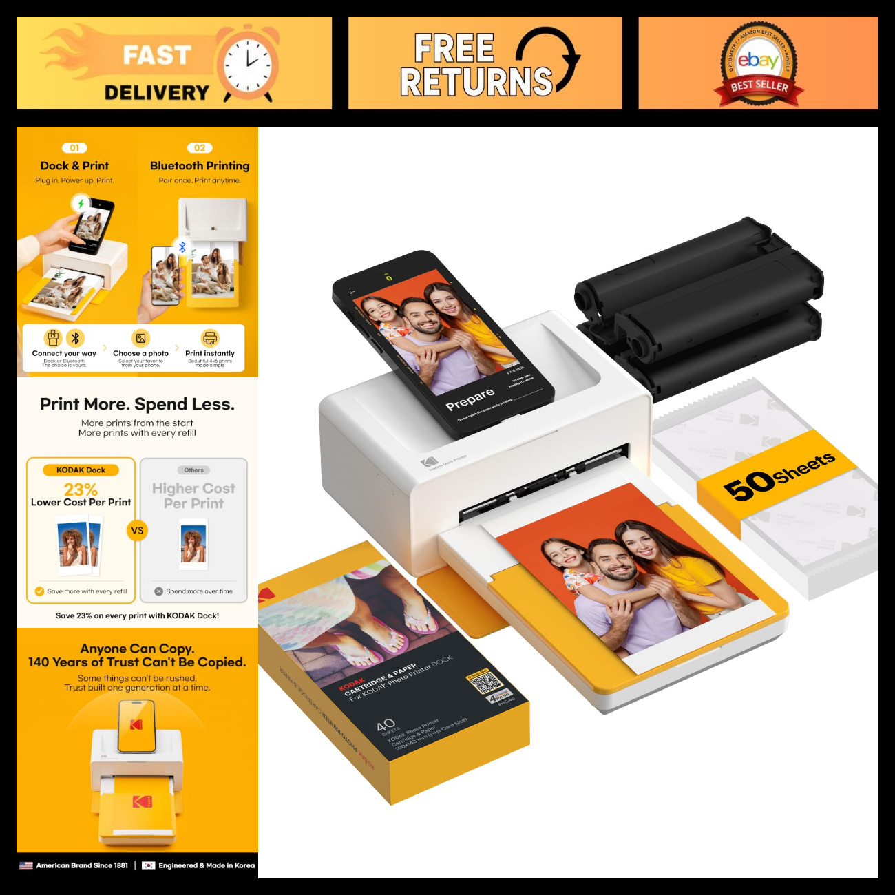 4x6 Photo Printer with Smartphone Dock, 4PASS Technology, 50 Sheets Included
