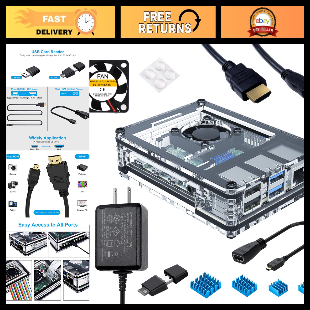 Miuzei Case for Raspberry Pi 4 with Fan, USB-C Power Supply 4 Pcs Heatsinks