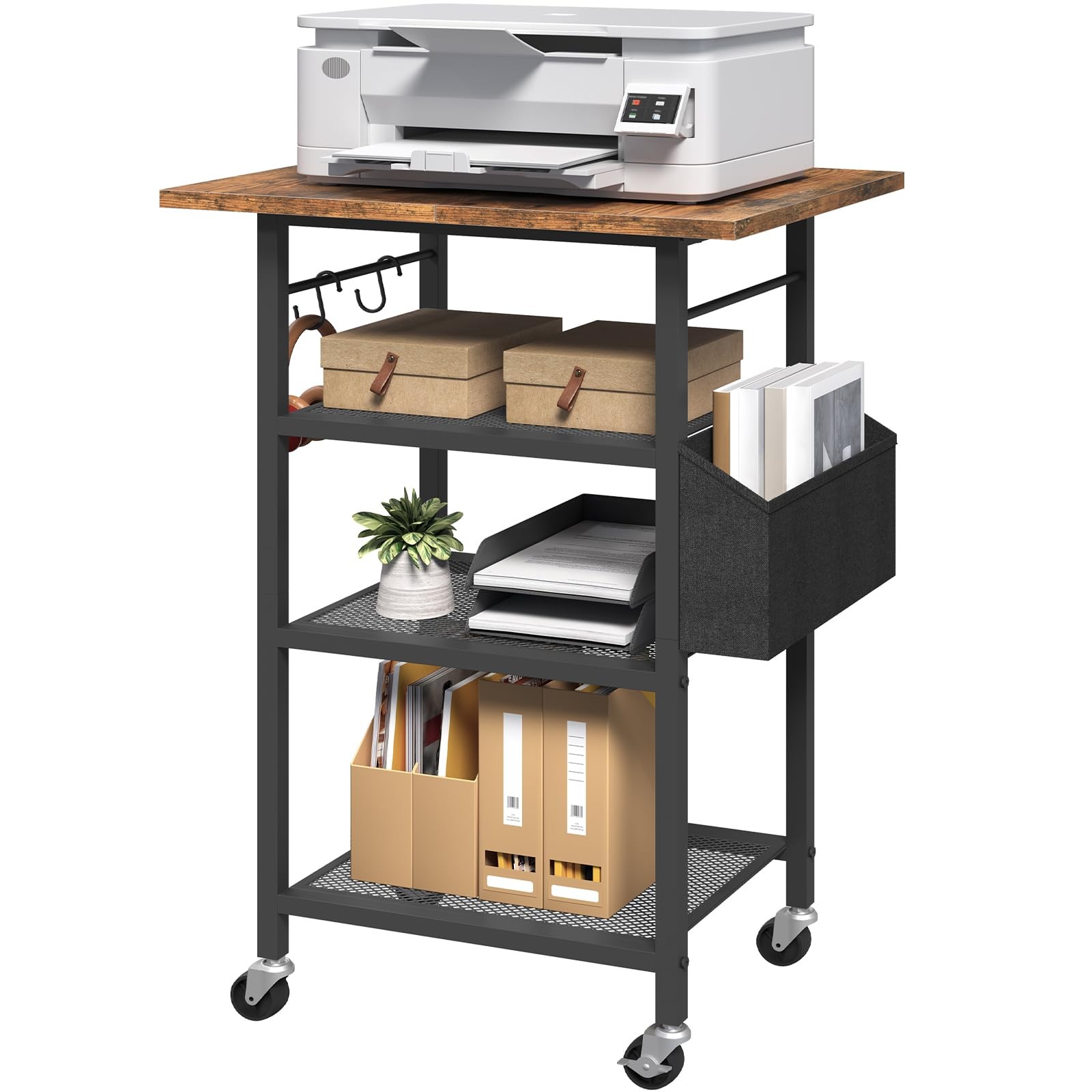 4-Tier Printer Stand, Rolling Printer Table on Wheels, Industrial Storage Sta...