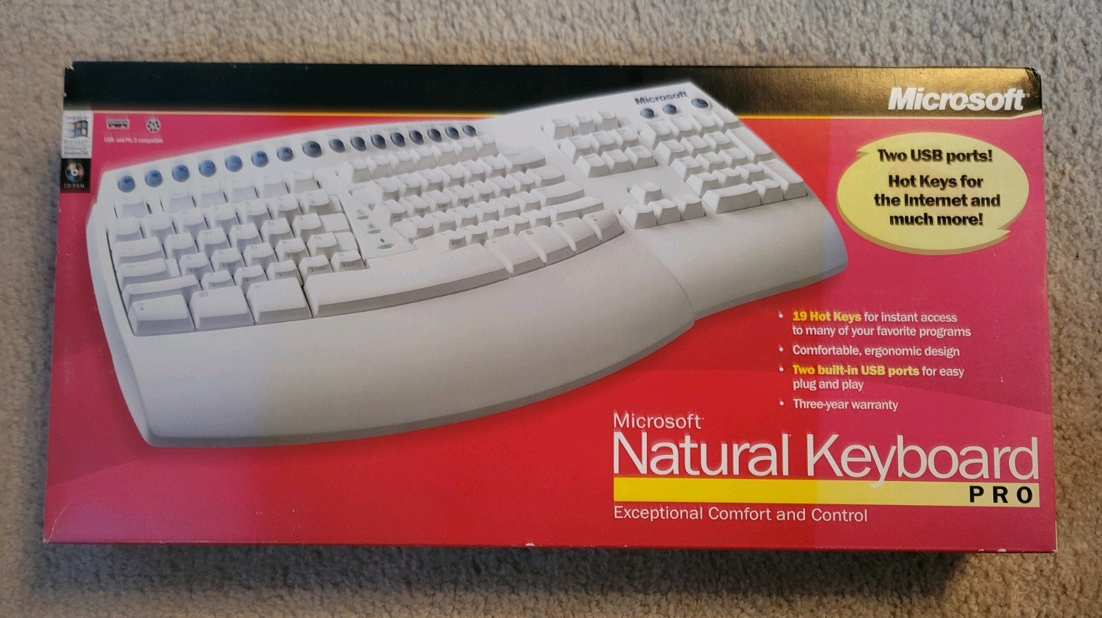 New In Box Vintage Microsoft Natural Keyboard Pro w/ Built-In USB Ports