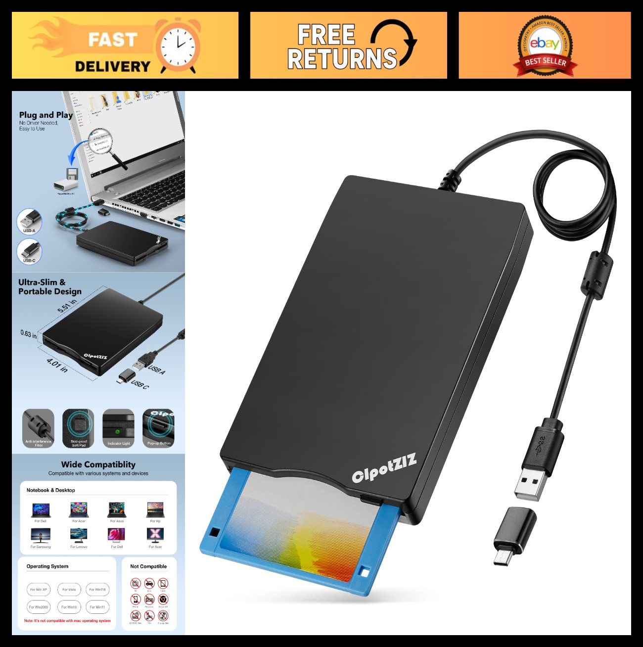 External USB Floppy Disk Reader 3.5" Drive for Laptop & Desktop - Windows 11/10