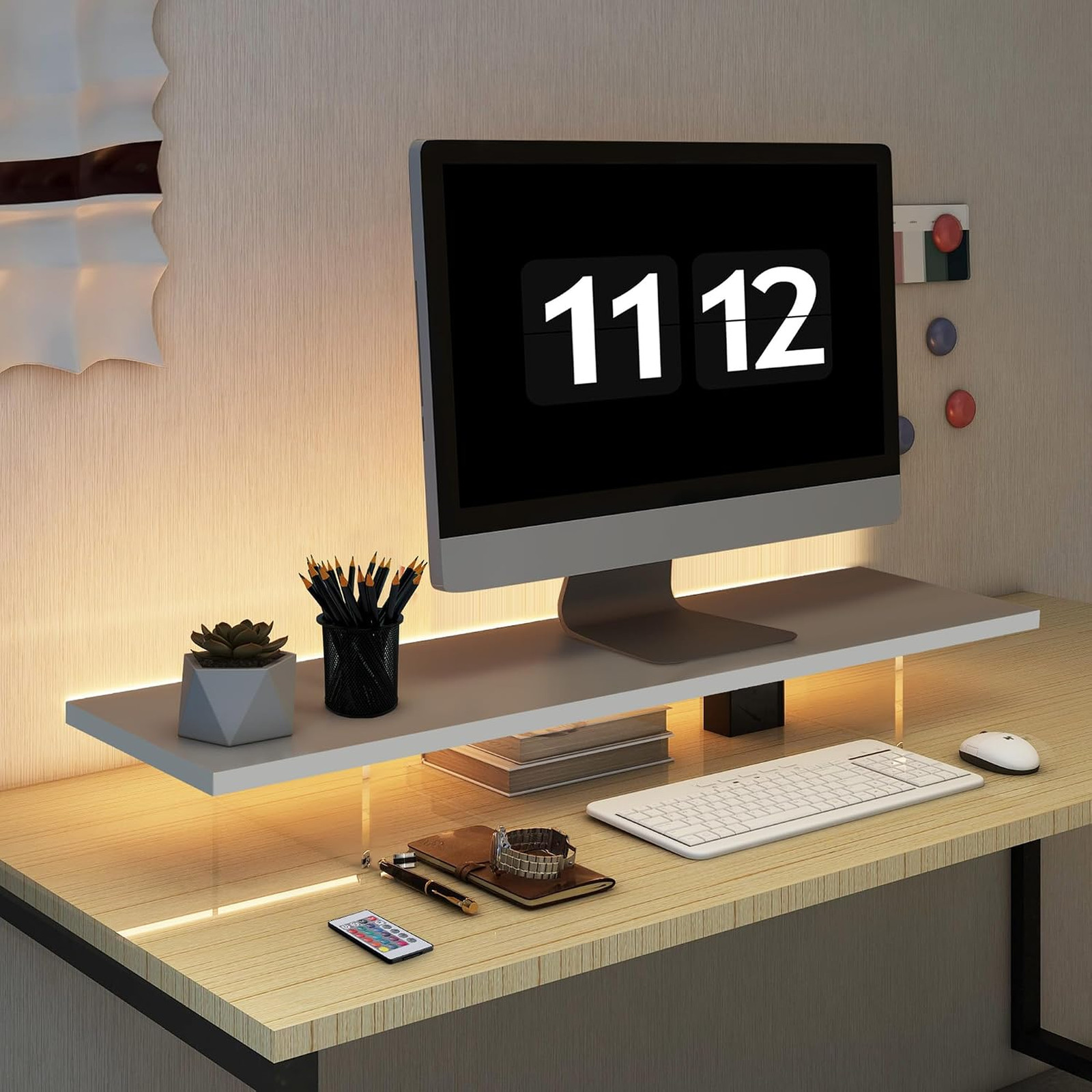 Monitor Stand Riser with LED Light, Wood and Acrylic Desk Organizer for