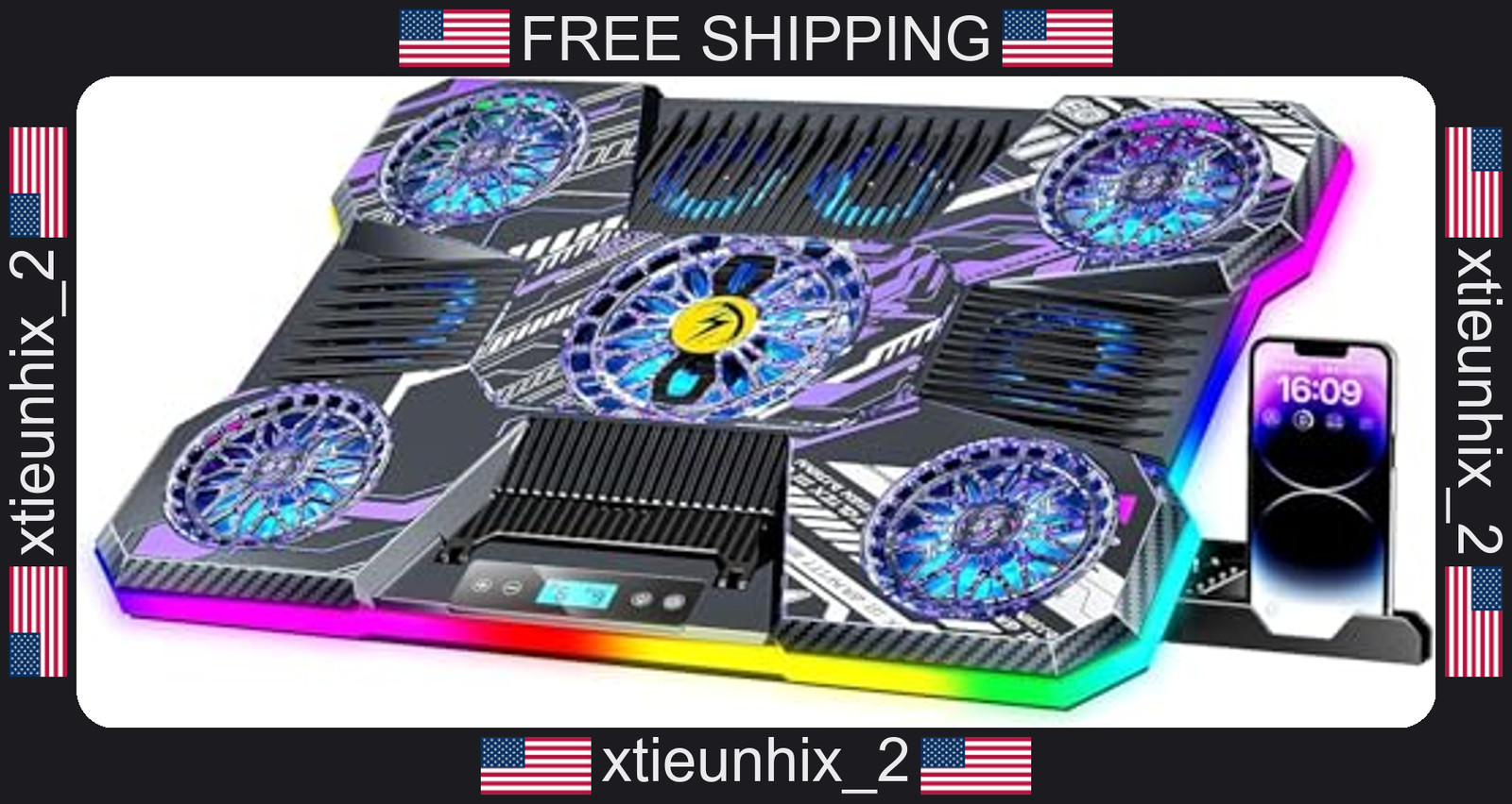 Laptop Cooling Pad with 9 Fans, RGB Lighting, Adjustable Height for 15.6-19.3