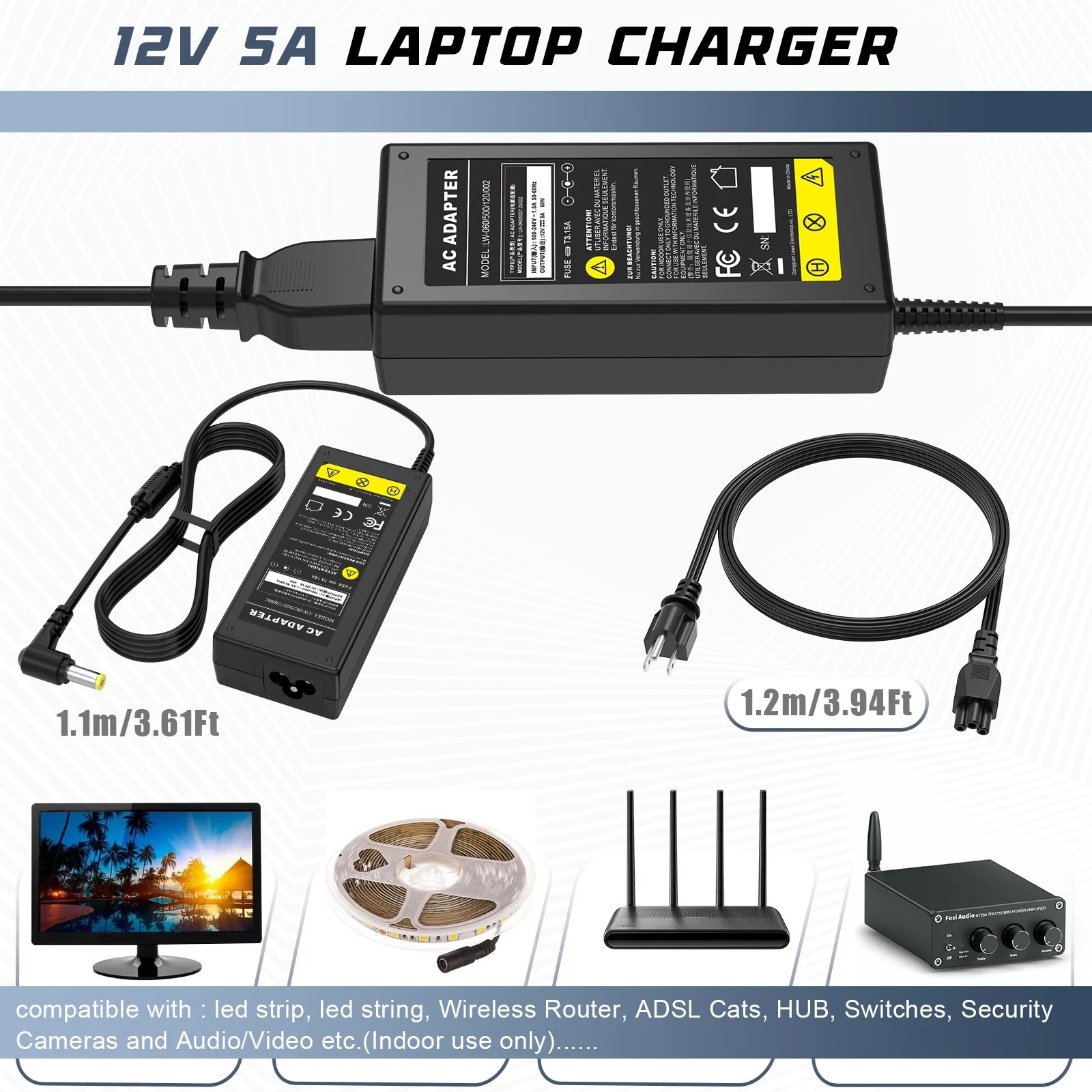 Netbook AC Power Supply Adapter DC 12 Volt 5 Amp (12V 5A) LCD Monitor Laptop us