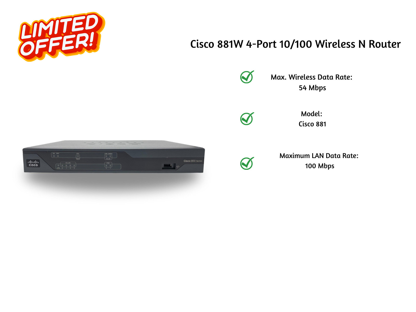 Cisco 881W 4‑Port 10/100 Wireless‑N Router – Secure VPN, Wi‑Fi, IOS