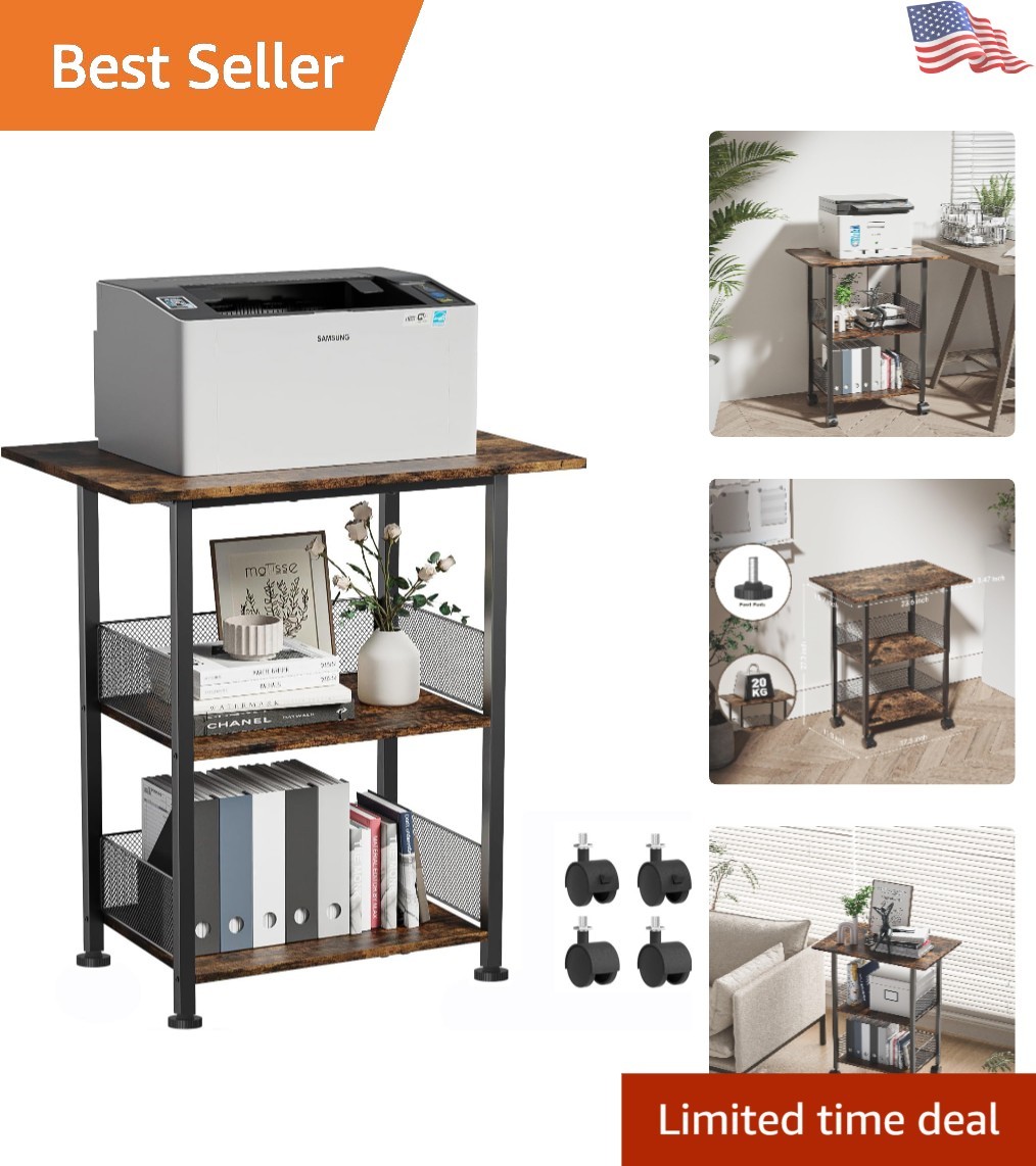 Versatile 3-Tier Industrial Printer Stand with Wheels - Heavy-Duty & Spacious
