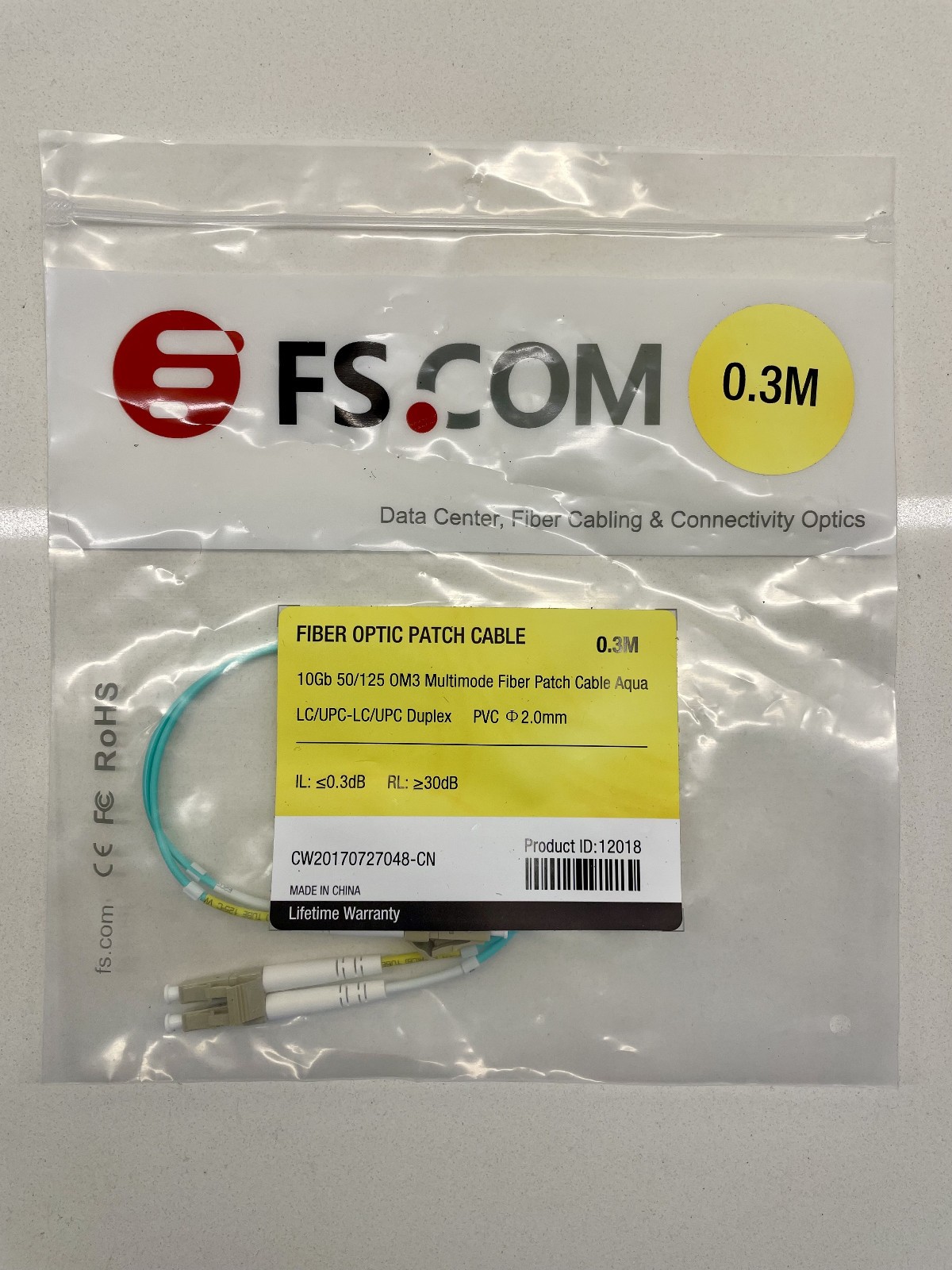 FS.com .3m 10Gb 50/125 OM3 Multimode Fiber Patch Cable Aqua LC/UPC-LC/UPC Duplex
