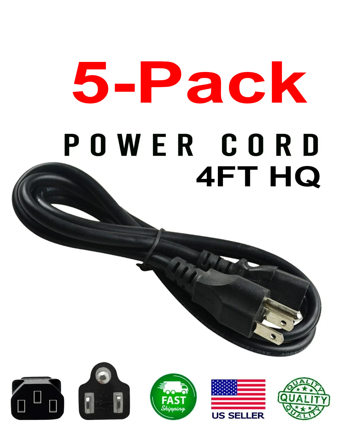 5-Pack AC Power Cord Cable 3 Prong Plug 4FT Standard PC Computer Monitor