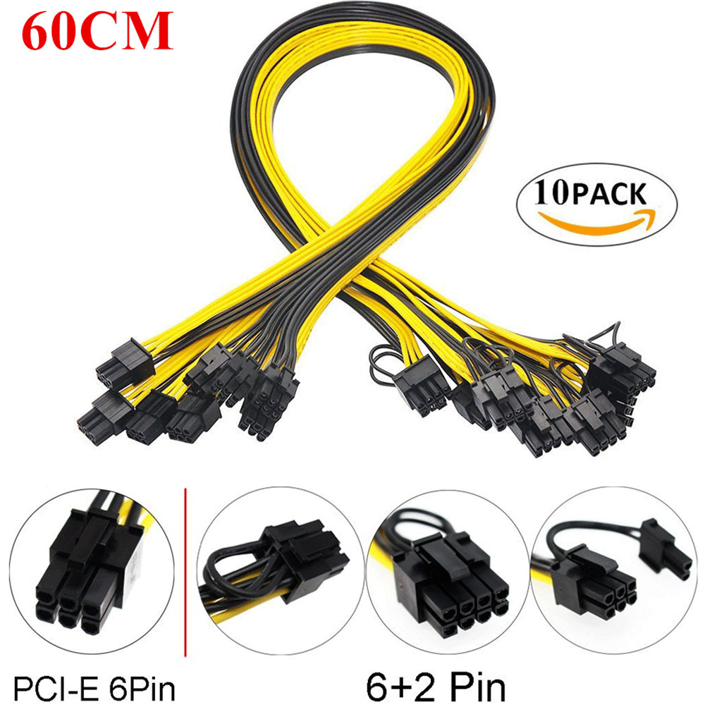 10 Pcs 60cm Breakout Cable 6 Pin to 8 Pin (6+2Pin) PCI-e Wire Cord 18AWG Mining