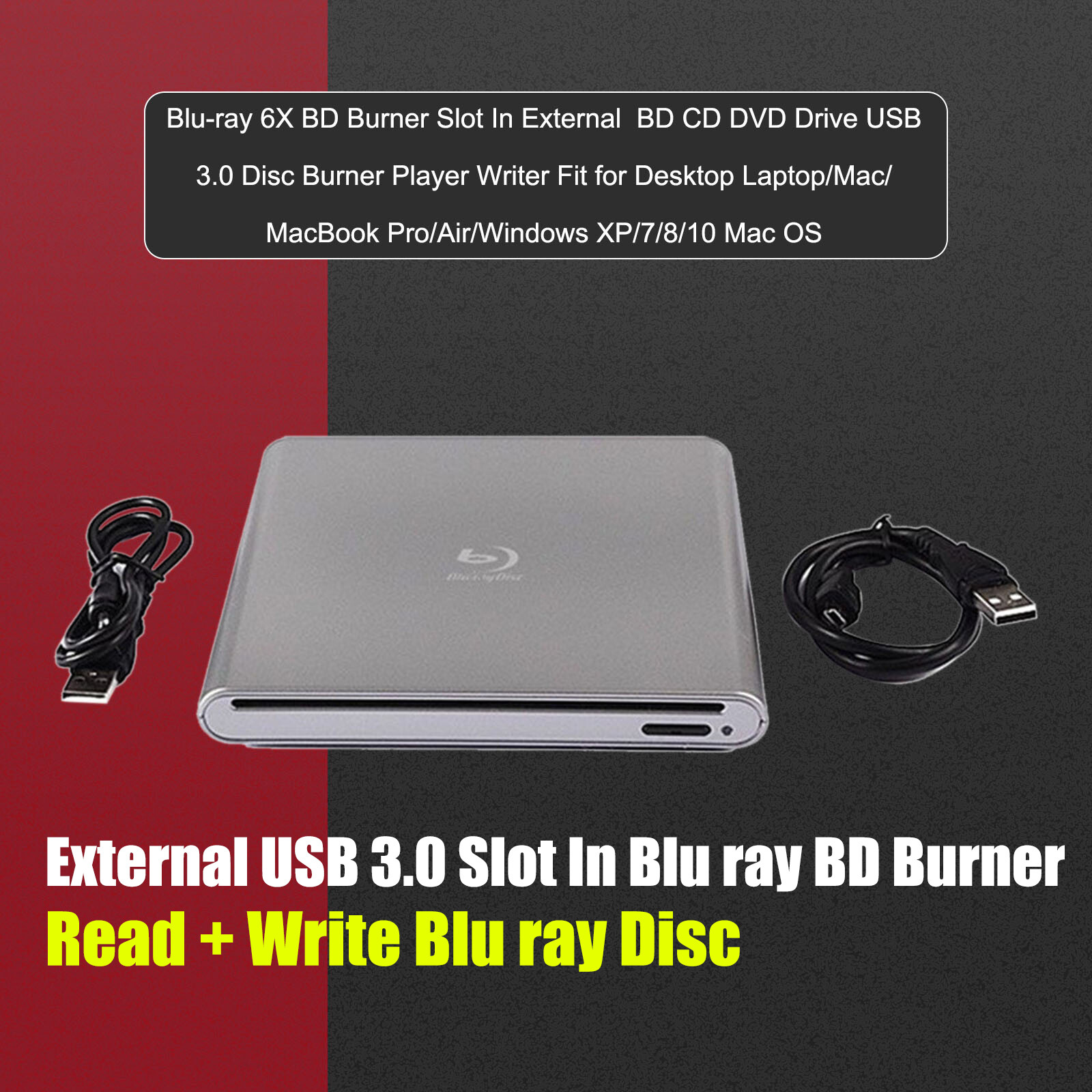 Genuine Burner External USB 3.0 Player DVD CD BD Recorder Cable Drive E