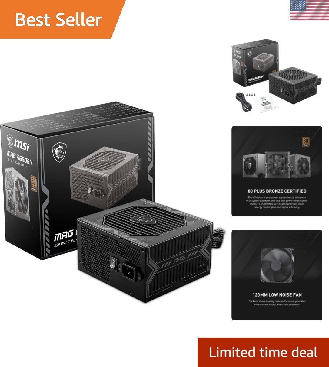 MAG A650BN, Non-Modular Compact 650W Power Supply, 80+ Bronze, Low-Noise Fan,...