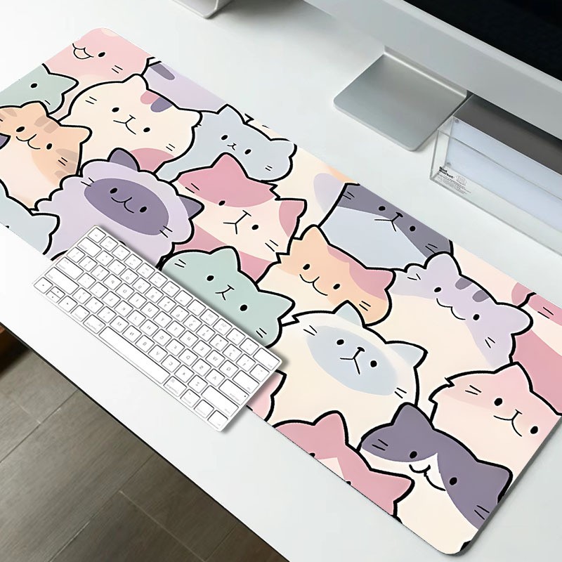 XXL Cute Cartoon Cat Design Mouse Pad- Pastel Purple, Pink& Blue Aesthetic Des