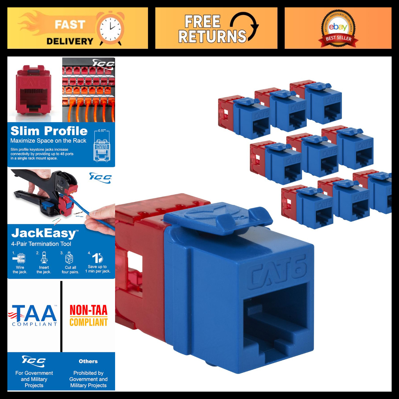 10-Pack CAT6 RJ45 Keystone Jacks, Slim 180° Punch Down, Blue Network Connectors