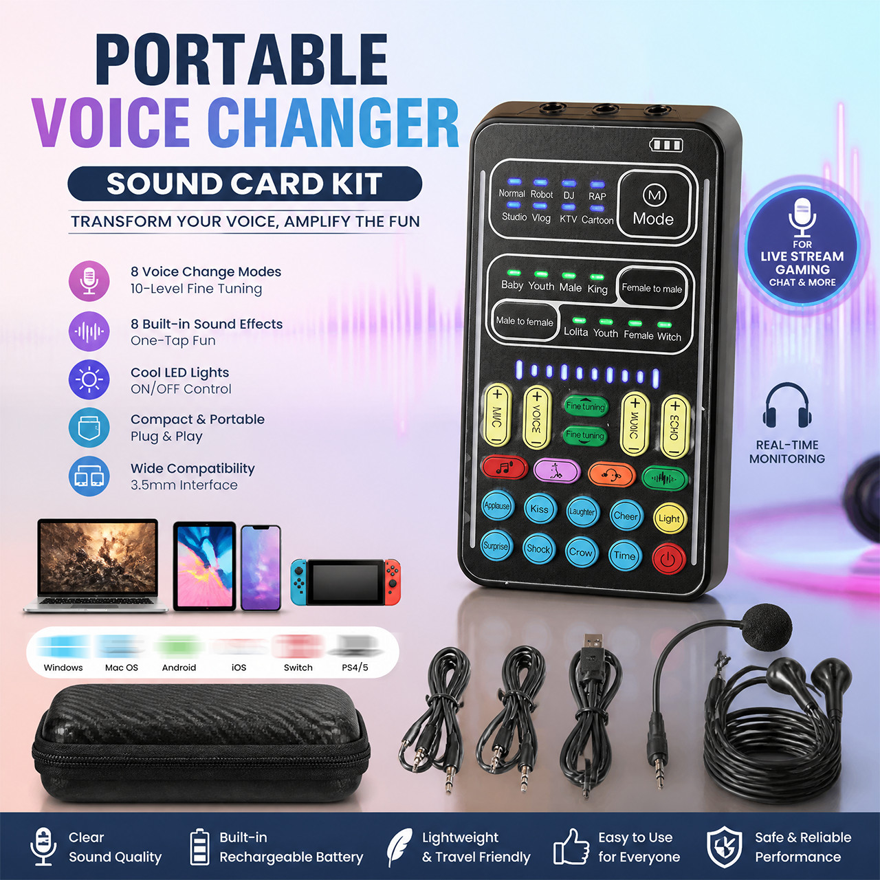 Voice Changer Handheld Sound Card with 8 Voice Modes for Gaming Streaming