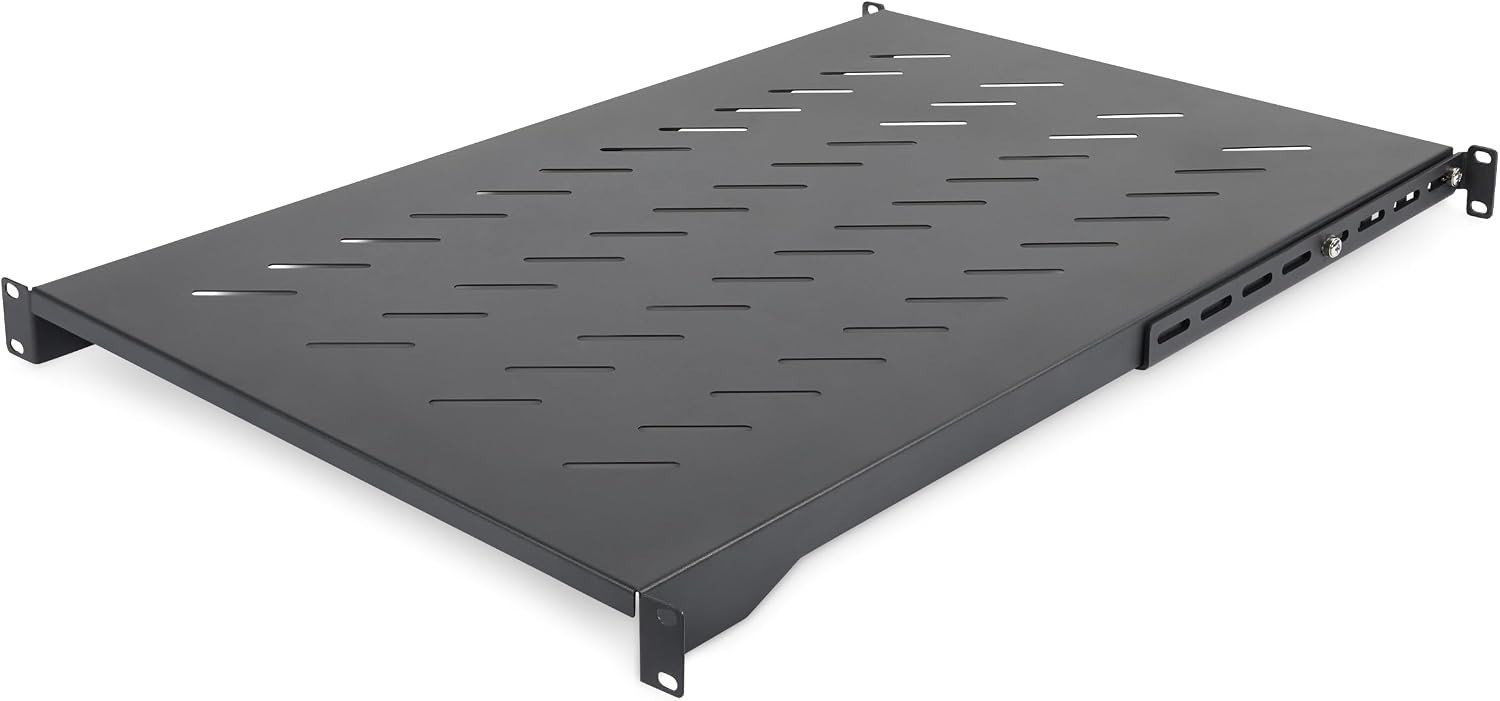 1U 4-Post Adjustable Vented Rack Shelf 28-34.4" Depth 150lb Heavy Duty Steel