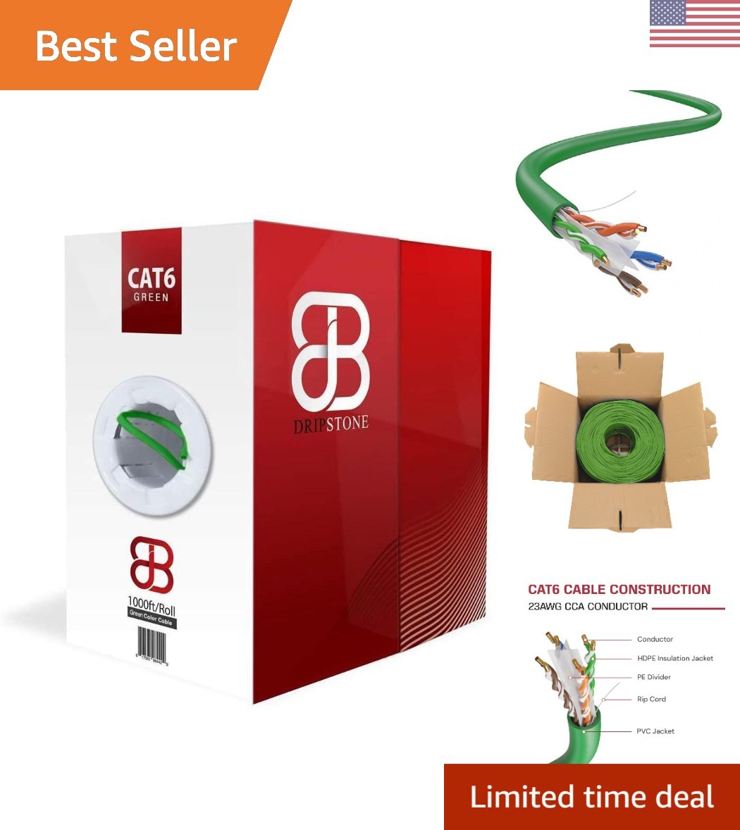 Durable 1000ft Green Cat 6 Ethernet Cable - Tangle-Free RJ45 Wire for Networking