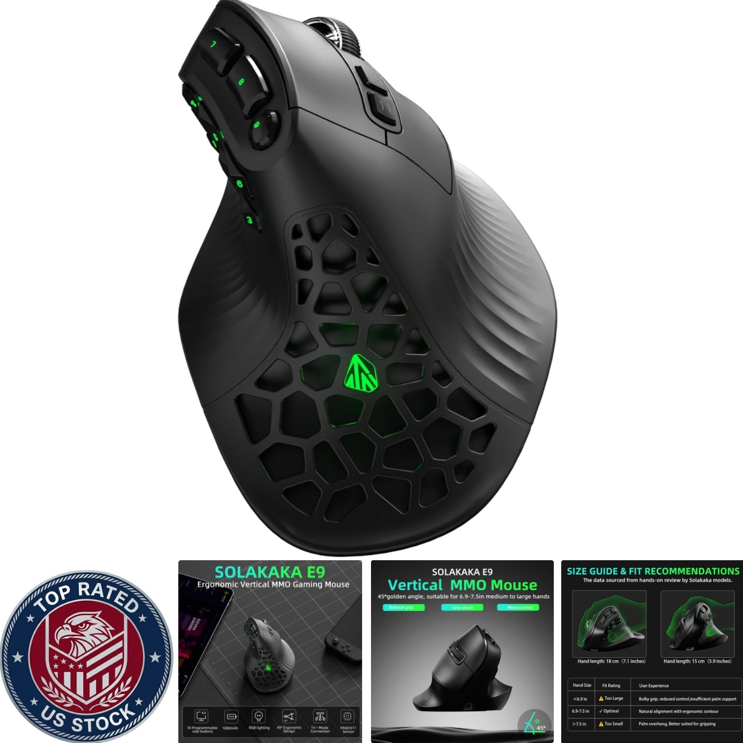 Tri-Mode E9 Vertical Gaming Mouse - 24800 DPI Wireless & 10 Customizable Buttons