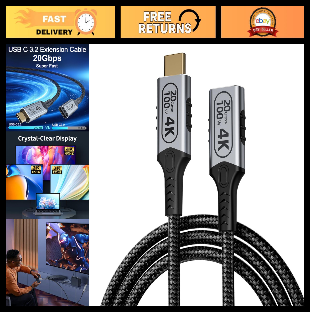 USB C Extension Cable 6.6ft, 100W Fast Charging, 20Gbps Data Transfer, 4K Video,