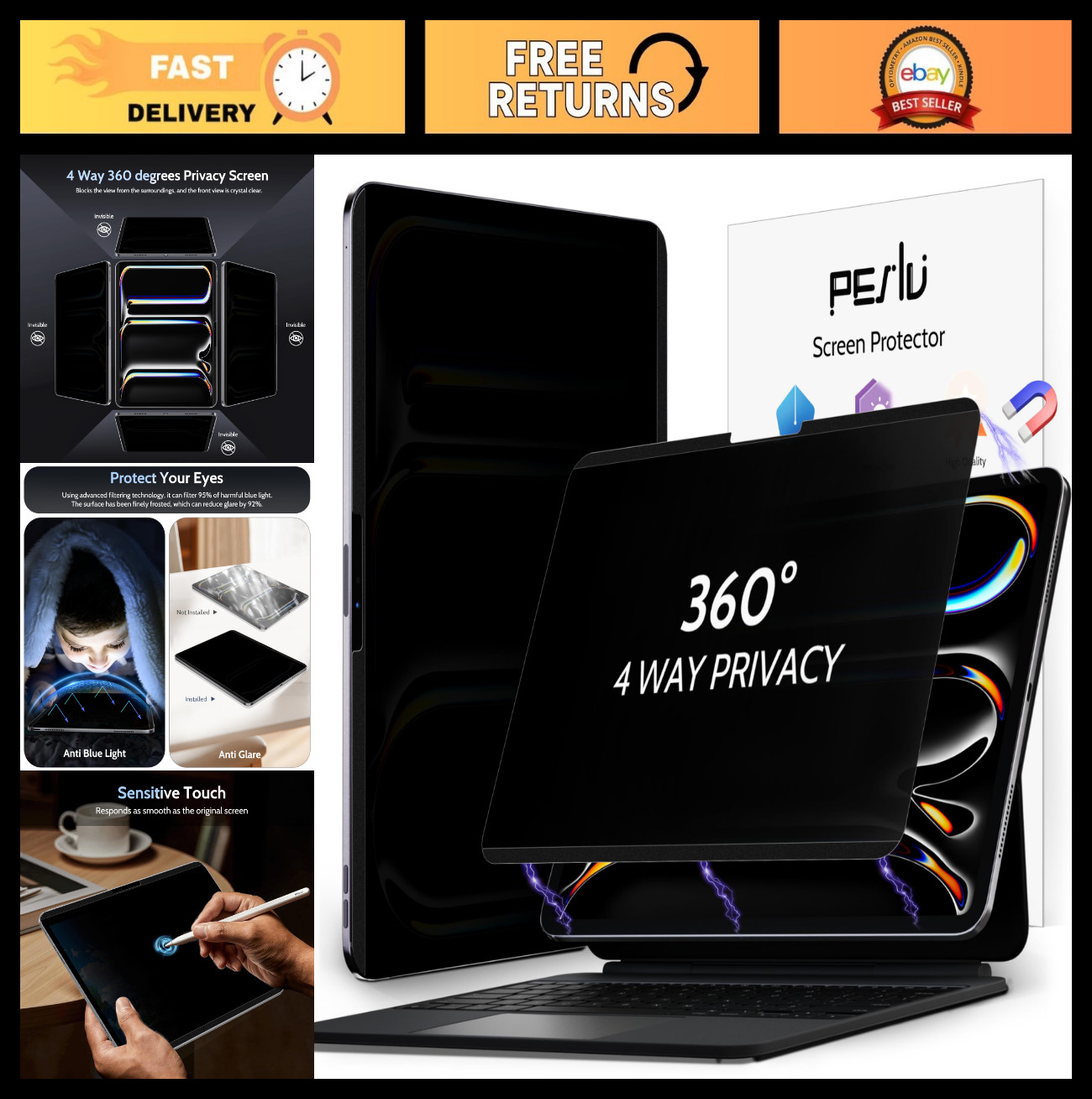 4-Way Magnetic Privacy Screen for iPad Pro 13" - Anti-Glare, Removable, Bubble-F