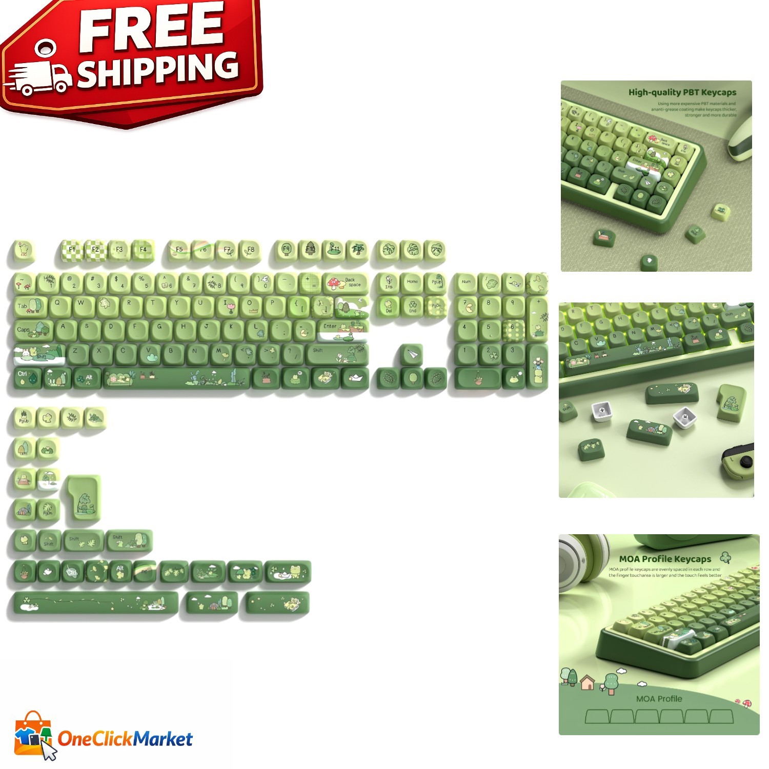 Charming 132-Key Green Frog PBT Keycaps - Waterproof Kawaii Design for Gamers