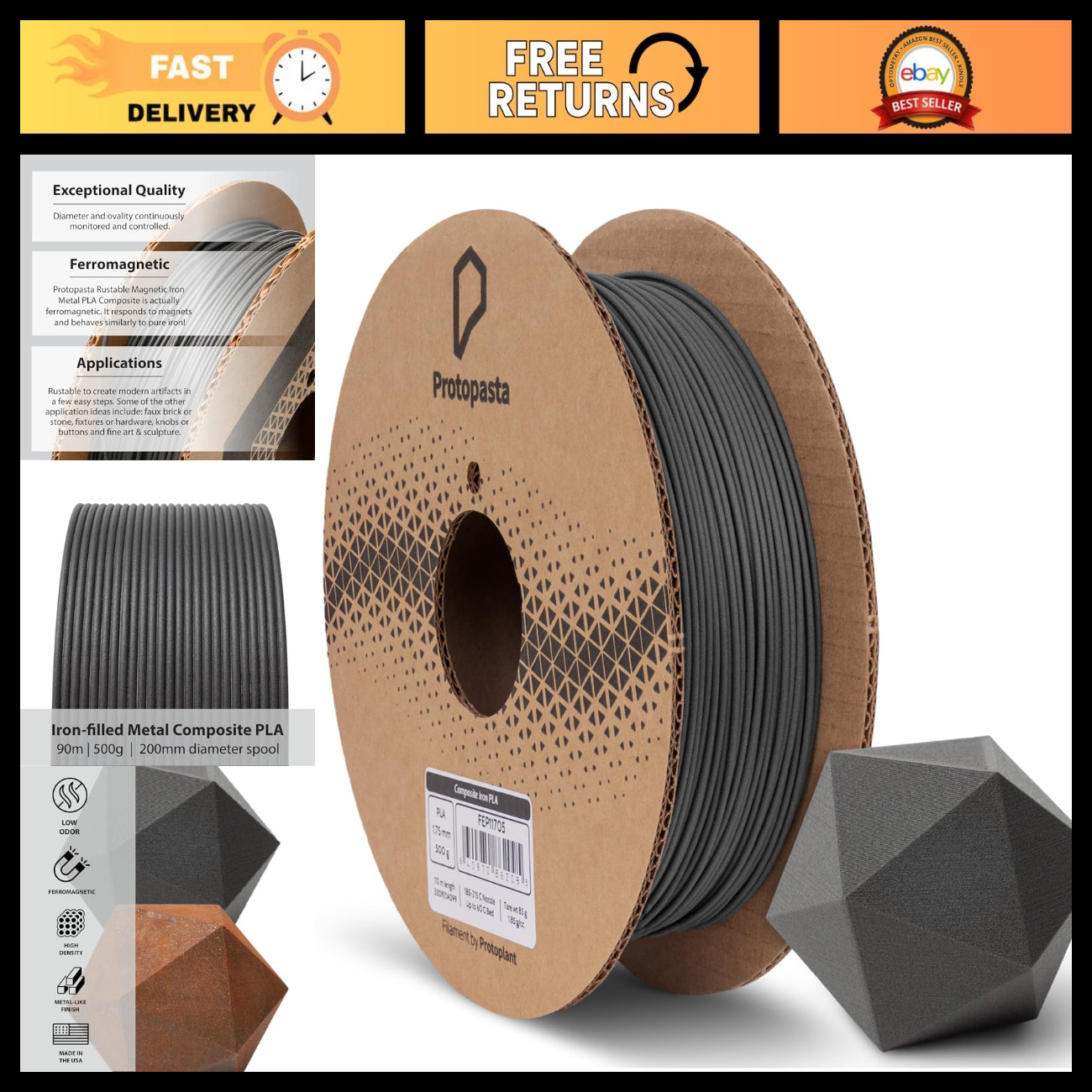 Ferromagnetic Iron PLA 3D Printer Filament - Metal-Filled, 45% Iron, 500g Spool