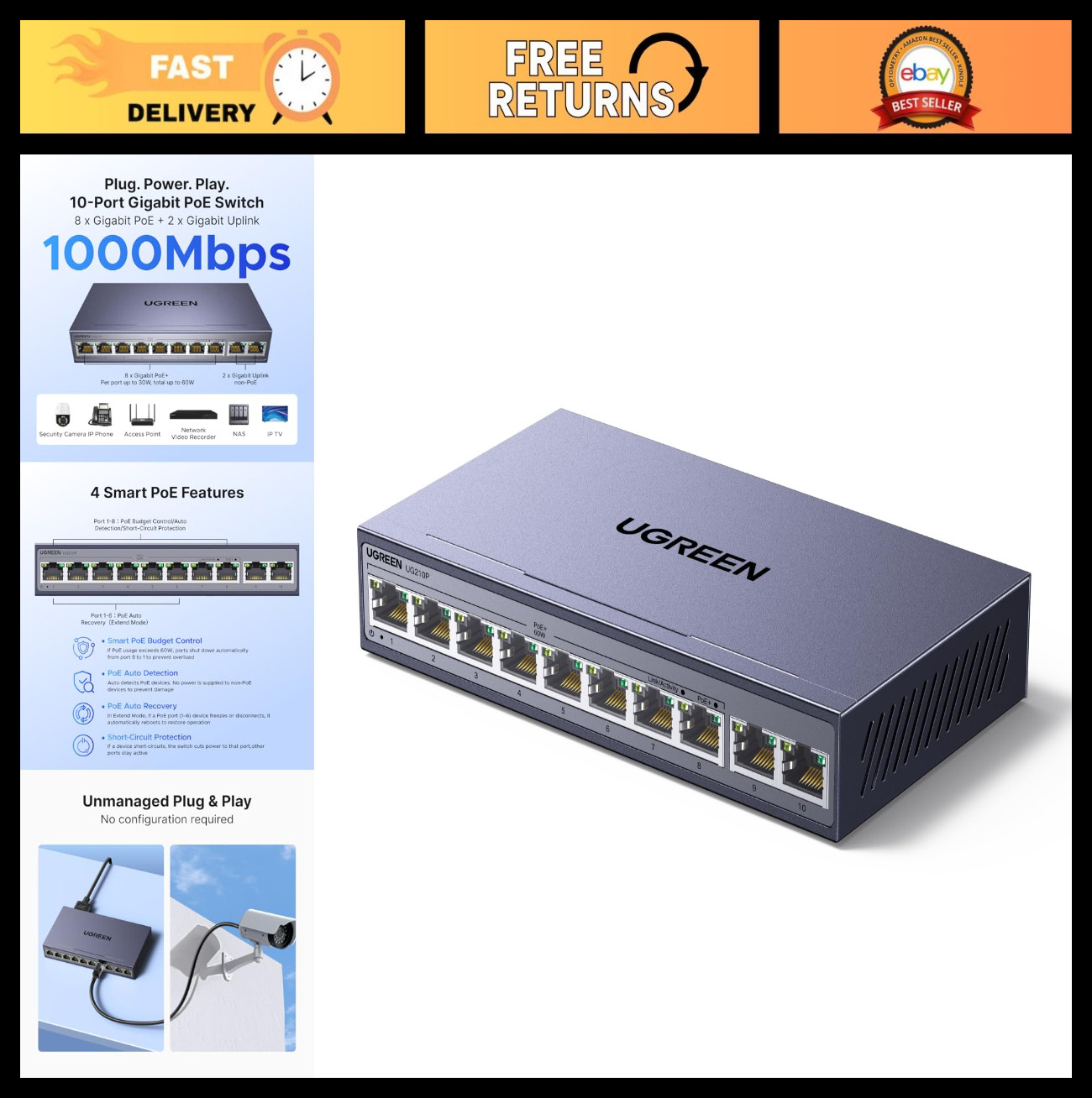 10-Port PoE Ethernet Switch, 8 PoE+ 60W, 2 Gigabit Uplink, Plug & Play, VLAN, Me