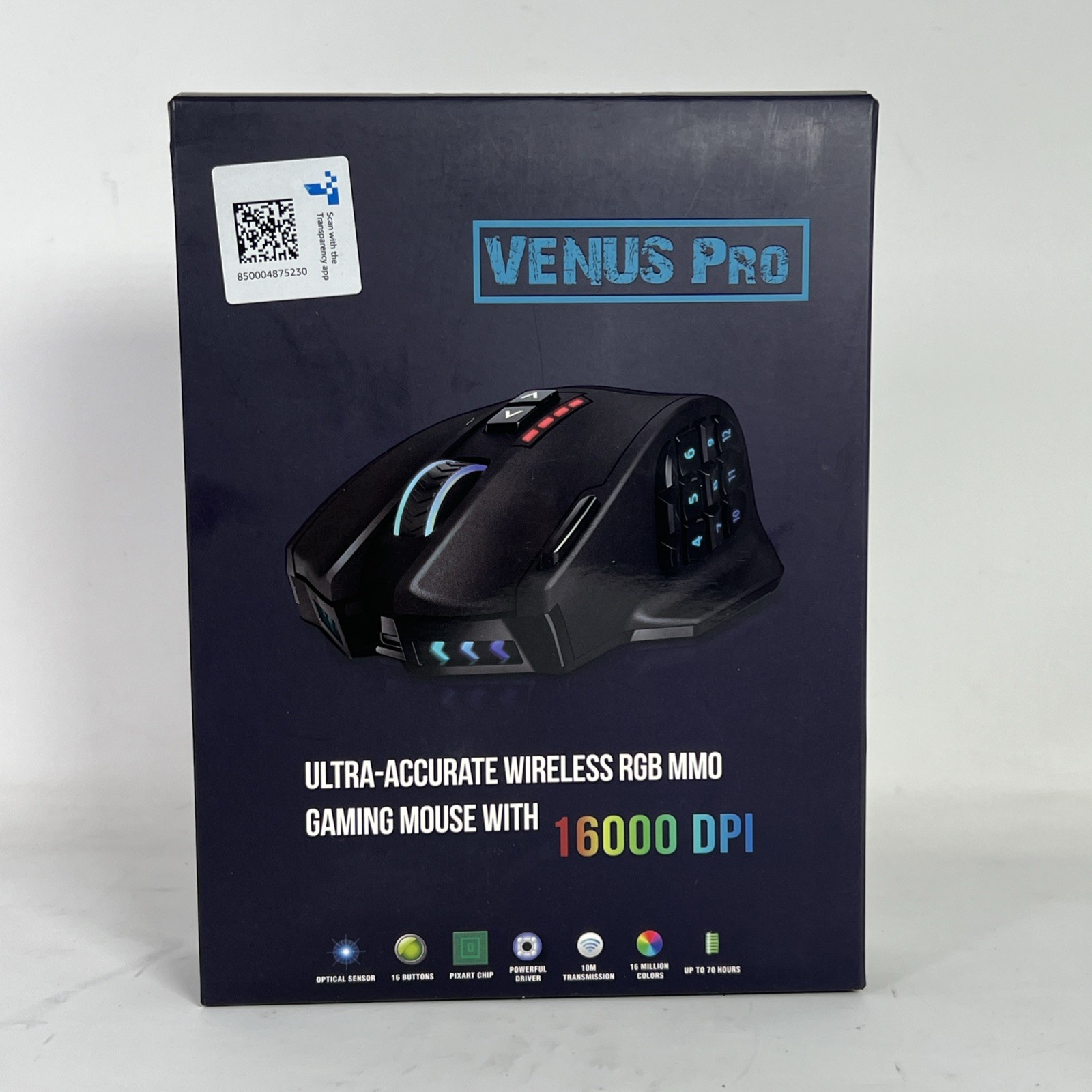 Venus Pro RGB Wireless MMO Gaming Mouse, 16,000 DPI Optical Sensor, 2.4 Ghz Tran