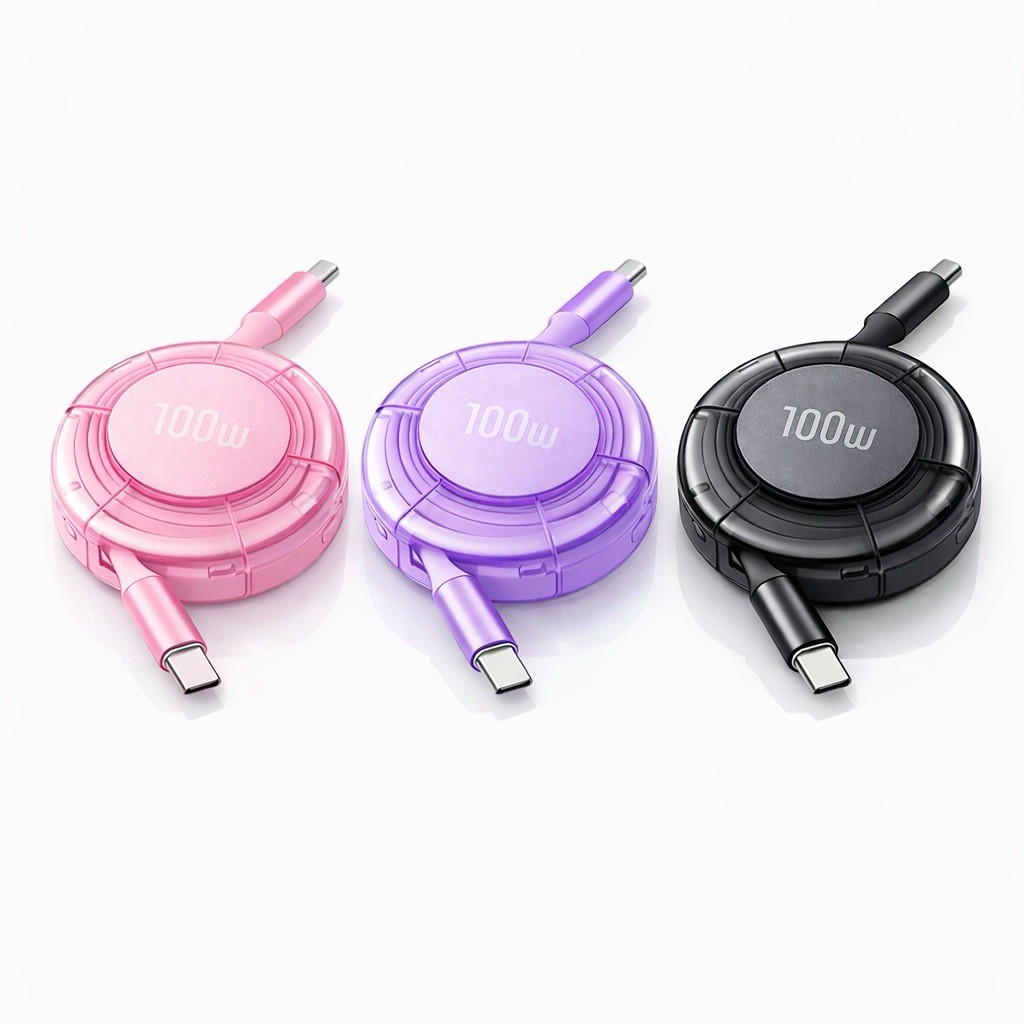 Retractable Fast Charging USB-C to USB-C Cable 1.2m Pink Purple Black