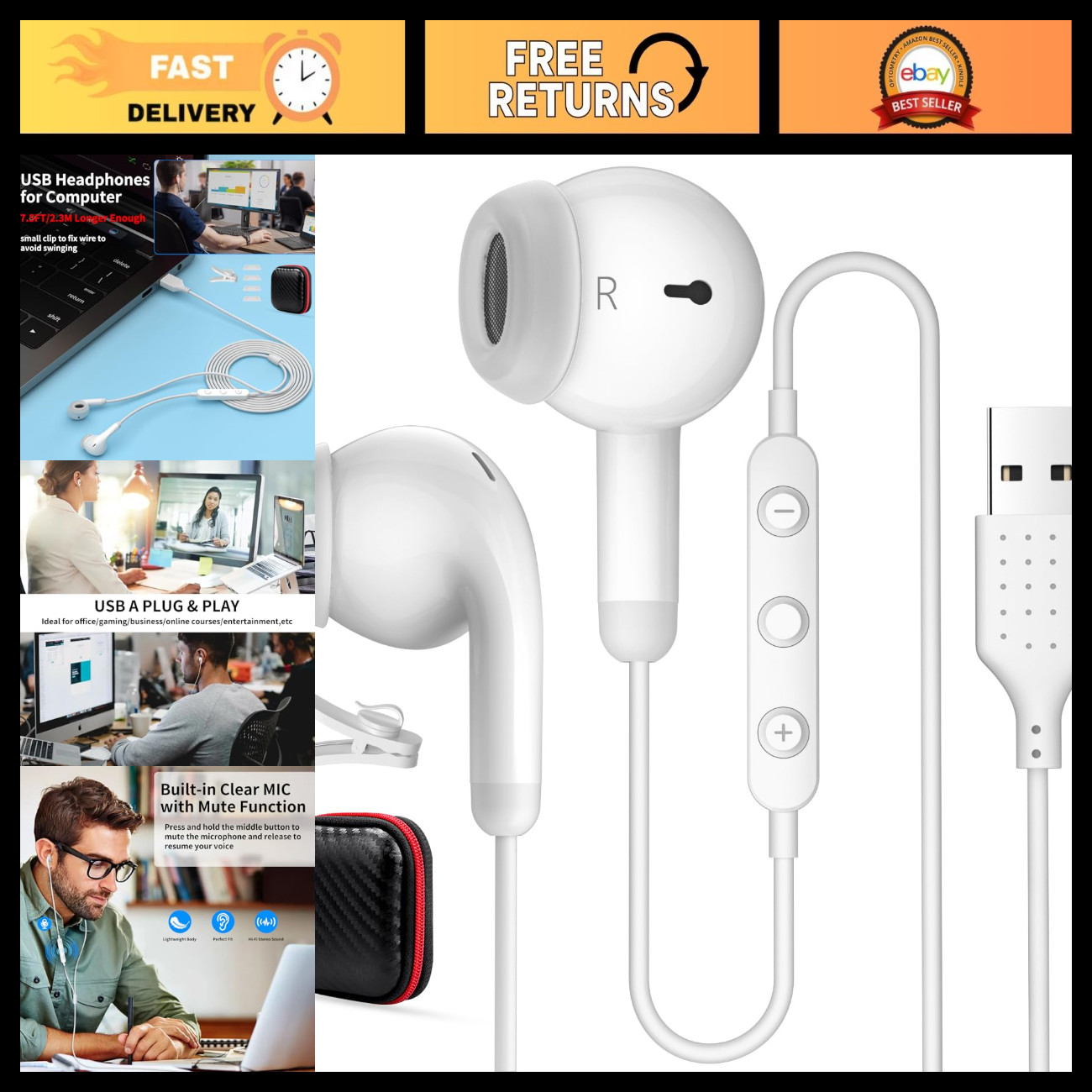 USB Earbuds with Microphone for PC, Computer Headphones, White, Noise-Canceling
