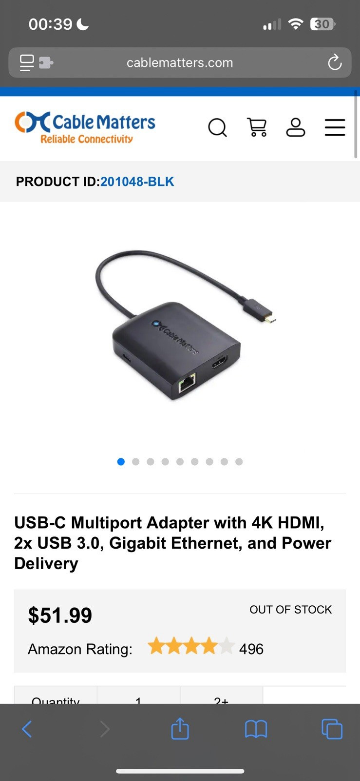 Cable Matters USB-C Multiport Adapter 4K HDMI, USB 3.0, Ethernet, 201048-BLK
