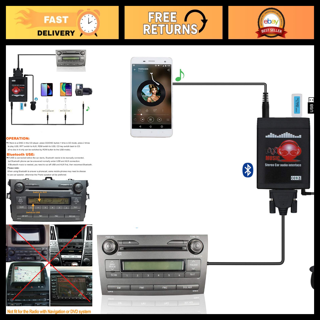 Bluetooth AUX Input Adapter for Toyota - Car Audio USB Handsfree Connectivity