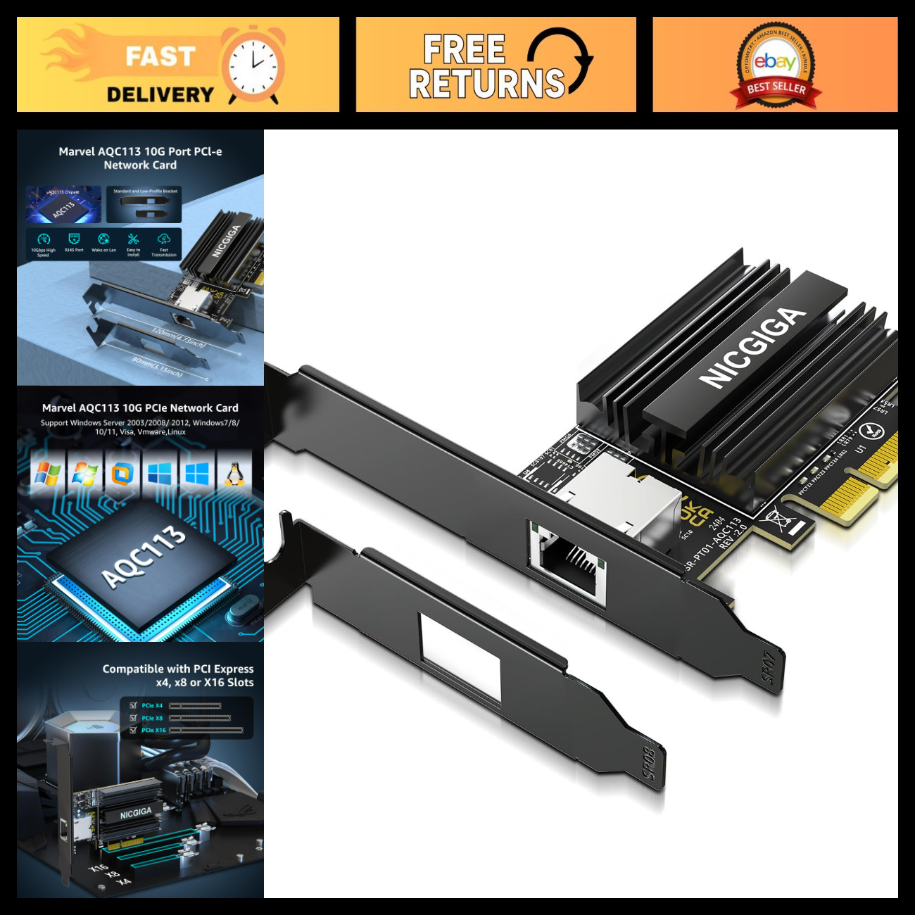 10G PCIe Network Card, AQC113 Controller, 10Gb Ethernet Adapter, WOL Support, RJ