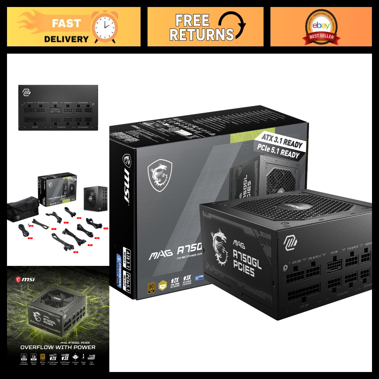 750W Fully Modular Gaming Power Supply, 80+ Gold, ATX 3.1, PCIe 5.1 Ready, 10 Ye