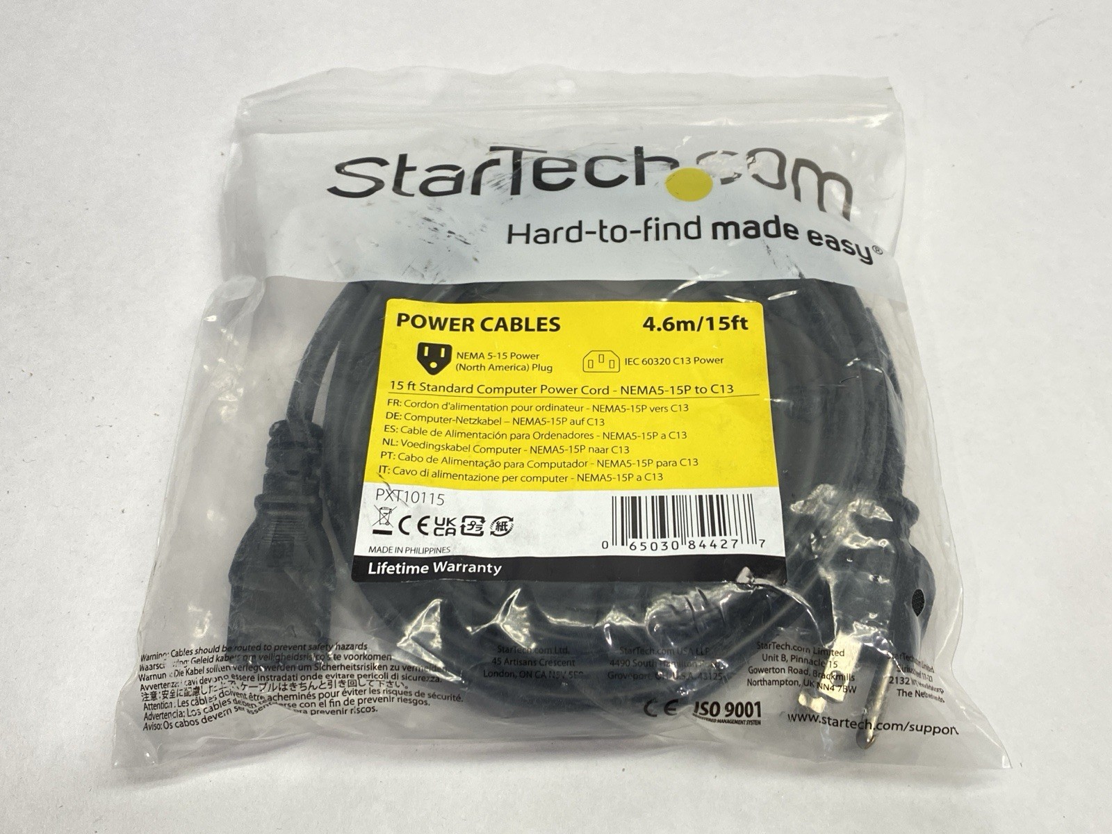 StarTech PXT10115 15ft Standard Computer Power Cord NEMA5-15P To C13