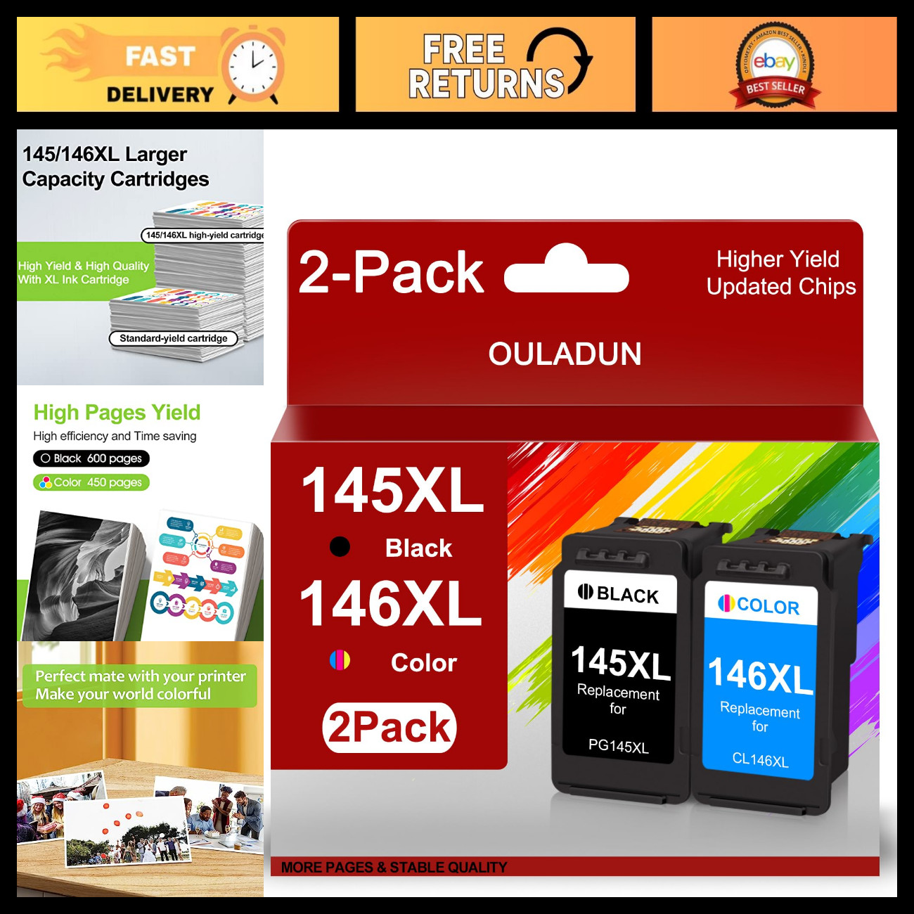 High Yield Ink Cartridges Combo Pack - Black & Color Replacement for Canon PIXMA