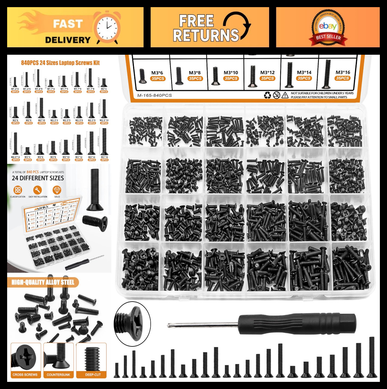 840PCS Laptop Screws Set - 24 Sizes M1.4/1.7/2/2.5/3 for PC Repair & DIY with Sc