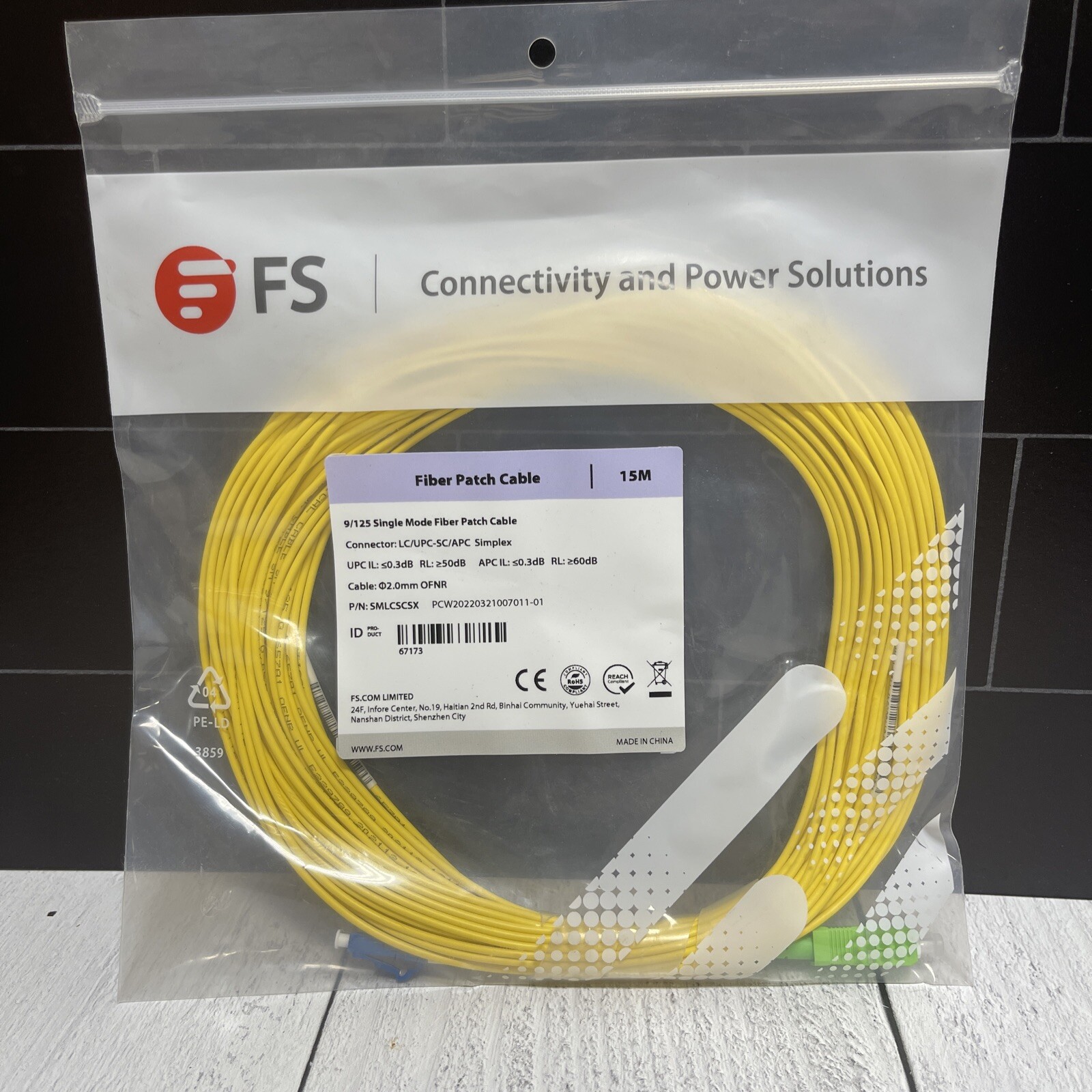 FS 9/125 OS2 Single Mode Fiber Patch Cable LC/UPC-SC/APC Simplex 15M New