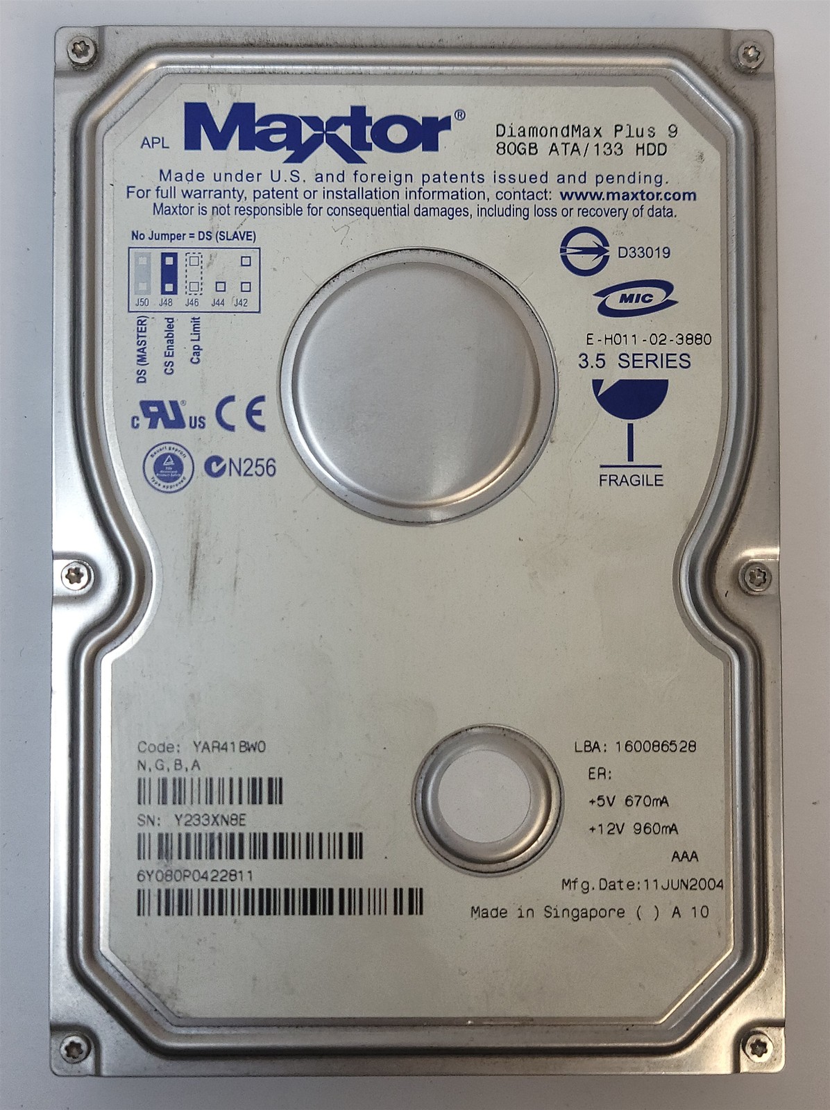Maxtor 6Y080P0 HDD, 80Gb, 3.5" , IDE/ATA/ATAPI-7/ATA133 - Tested w/ pics